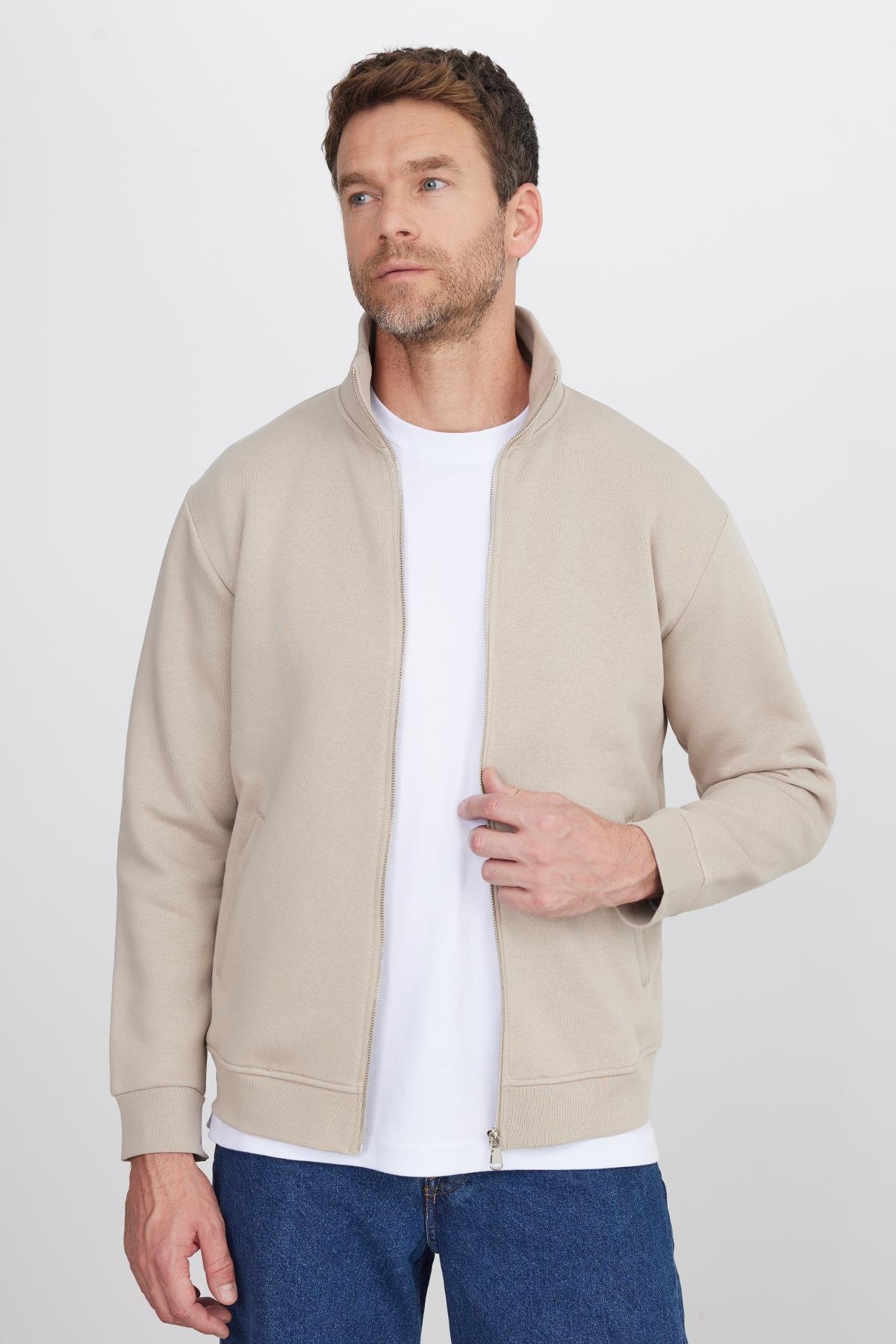 TUDORS Unisex Relax Fit Rahat Kesim Pamuklu İçi Polarlı Fermuarlı Taş Dik Yaka Flato Cepli Sweatshirt Hırka