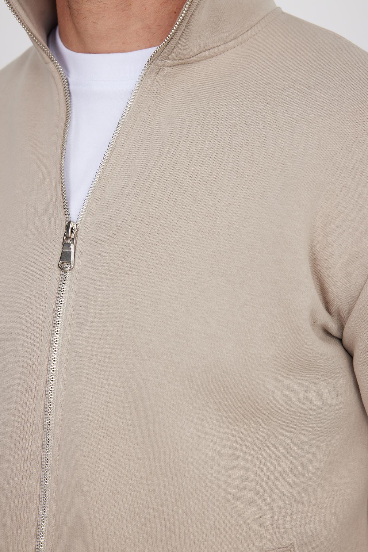 TUDORS Unisex Relax Fit Rahat Kesim Pamuklu İçi Polarlı Fermuarlı Taş Dik Yaka Flato Cepli Sweatshirt Hırka görsel 3
