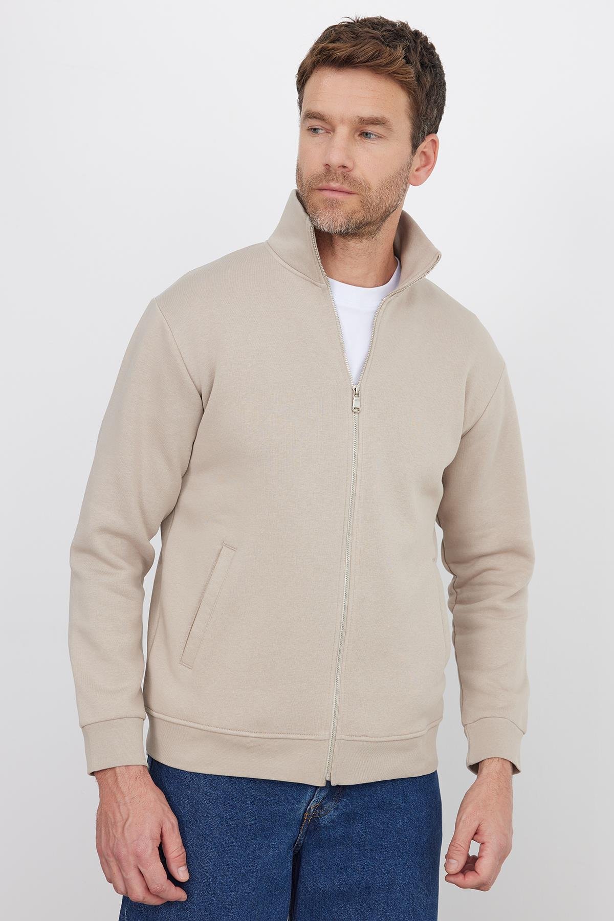 TUDORS Unisex Relax Fit Rahat Kesim Pamuklu İçi Polarlı Fermuarlı Taş Dik Yaka Flato Cepli Sweatshirt Hırka görsel 5