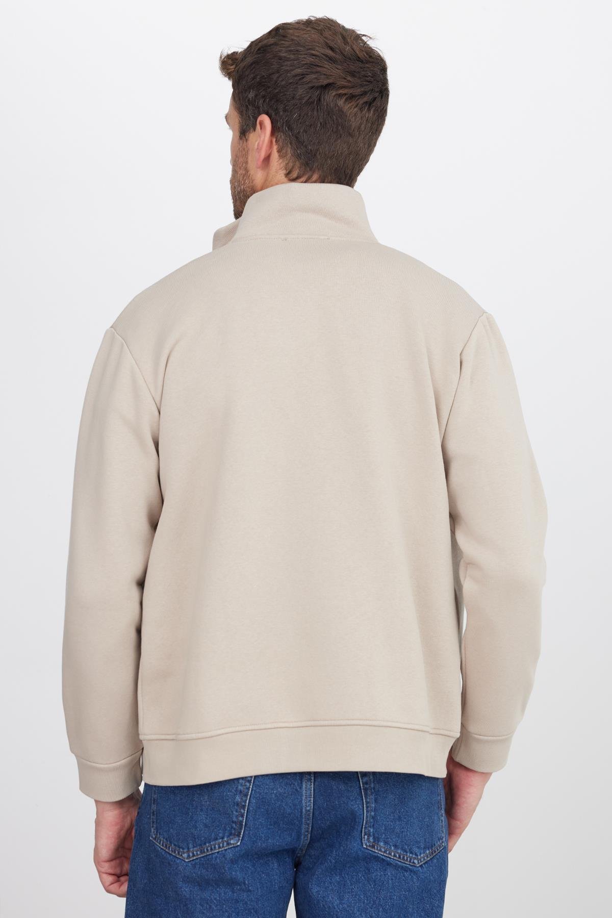 TUDORS Unisex Relax Fit Rahat Kesim Pamuklu İçi Polarlı Fermuarlı Taş Dik Yaka Flato Cepli Sweatshirt Hırka görsel 7