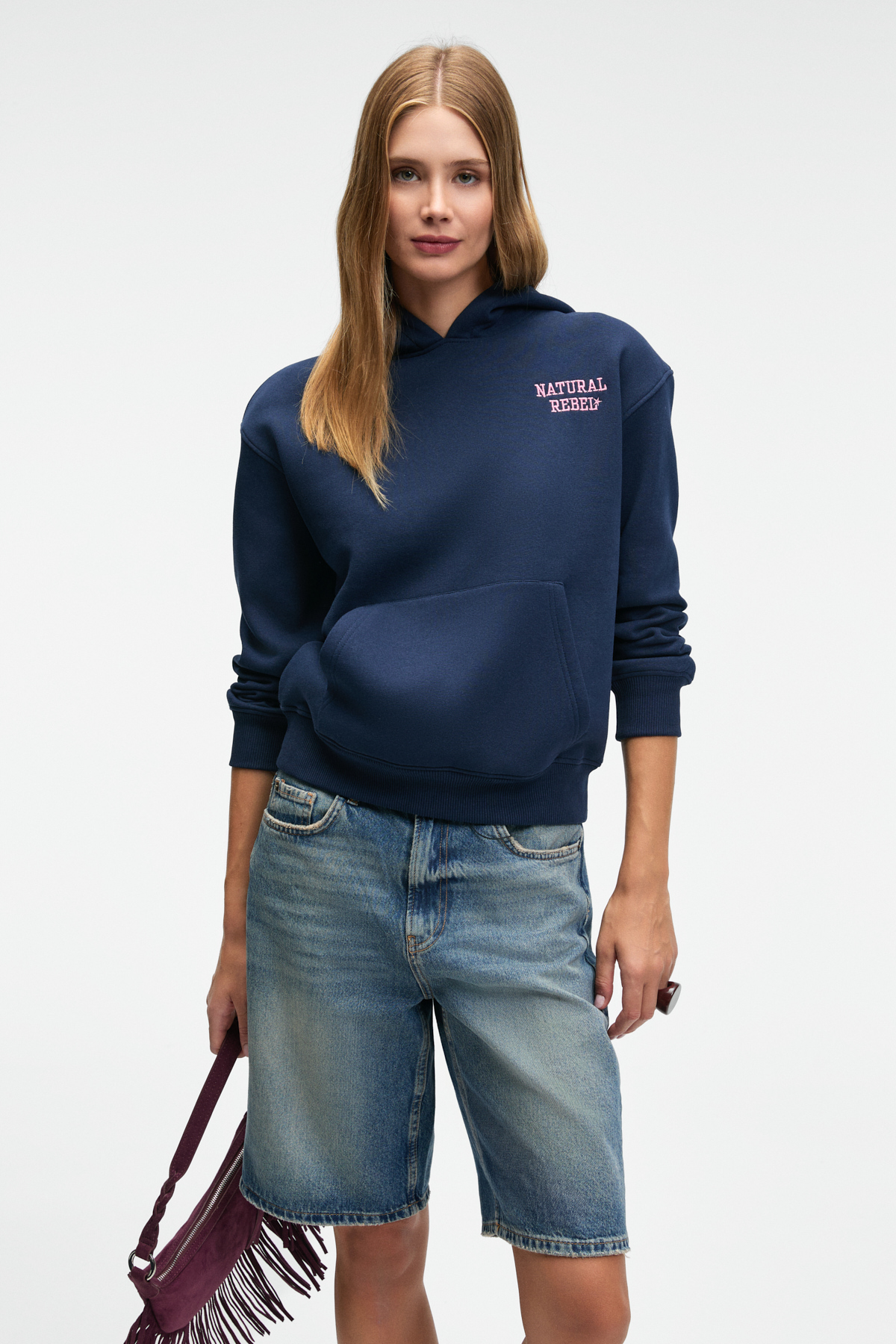 GRIMELANGE YUMEA Kadın Oversize Kapüşonlu Baskılı LACİVERT Sweatshirt