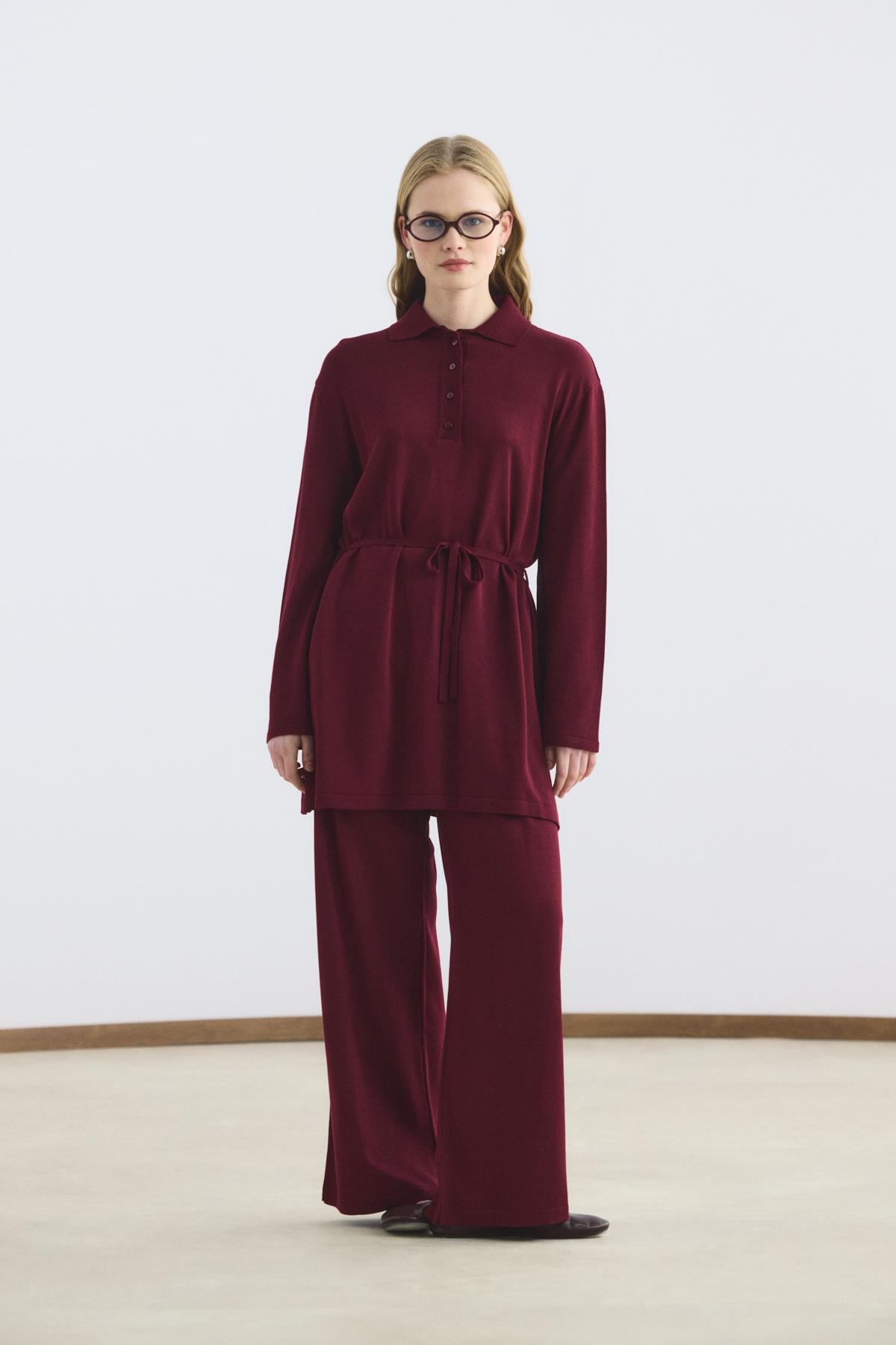 Kadriye Baştürk Polo Yaka İnce Triko Tunik Pantolon Takım Bordo