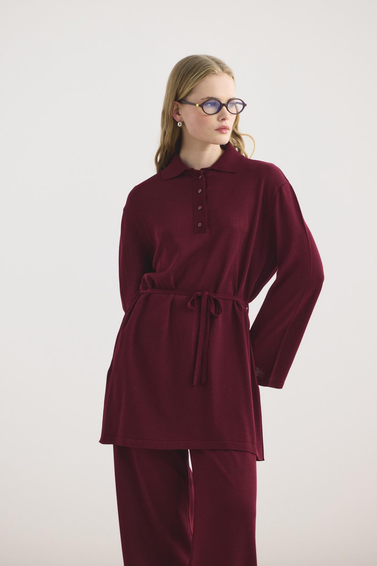 Kadriye Baştürk Polo Yaka İnce Triko Tunik Pantolon Takım Bordo görsel 2