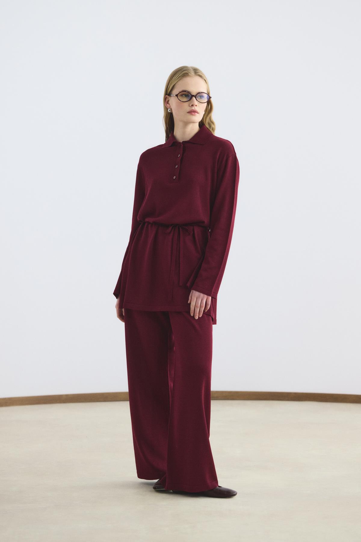 Kadriye Baştürk Polo Yaka İnce Triko Tunik Pantolon Takım Bordo görsel 5