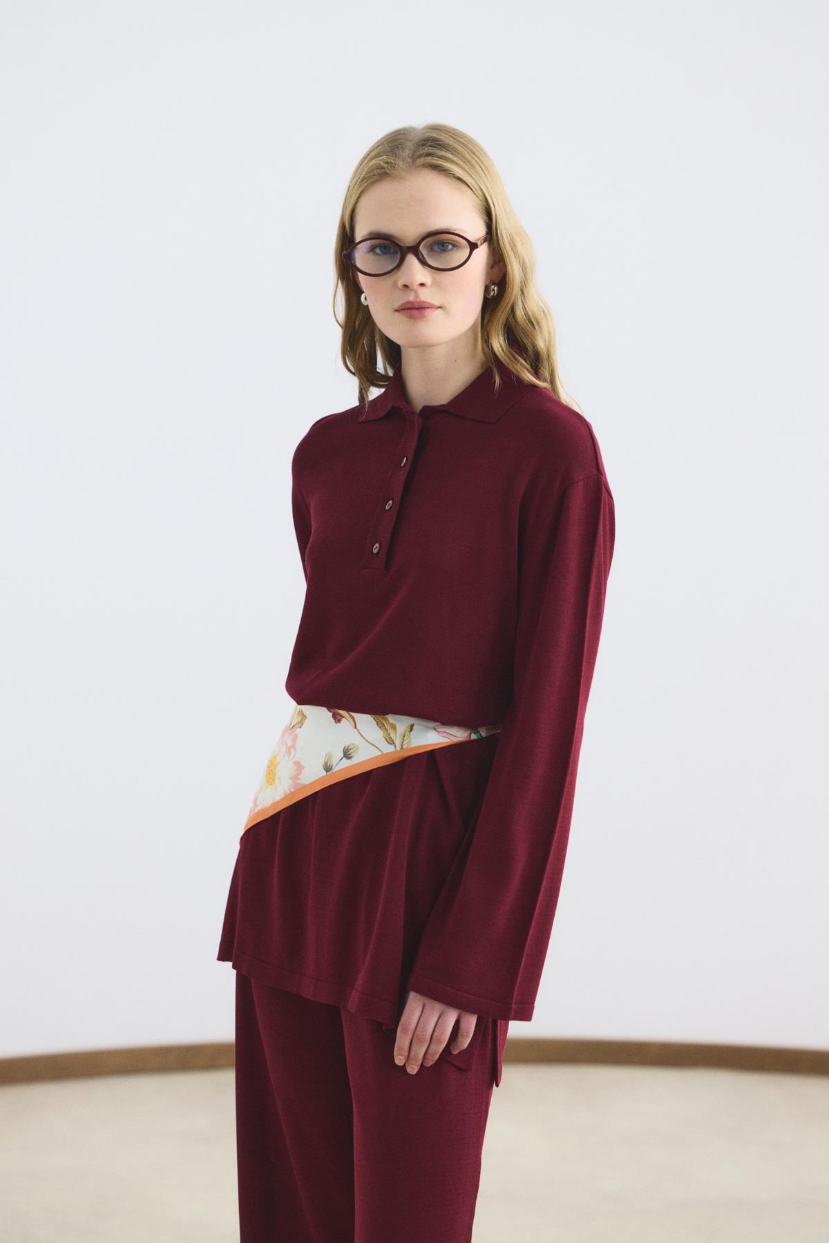 Kadriye Baştürk Polo Yaka İnce Triko Tunik Pantolon Takım Bordo görsel 6