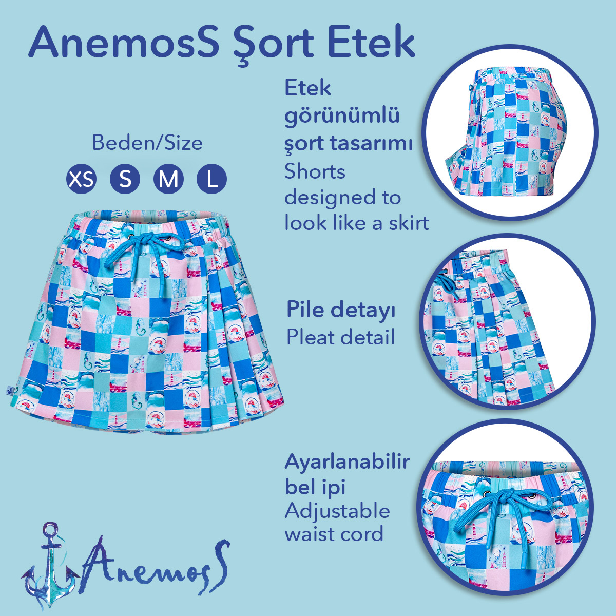 Anemoss Harmoni Kadın Şort Etek, Lastikli Bel, Bağcıklı ve Esnek Kumaşlı Yazlık Short görsel 5