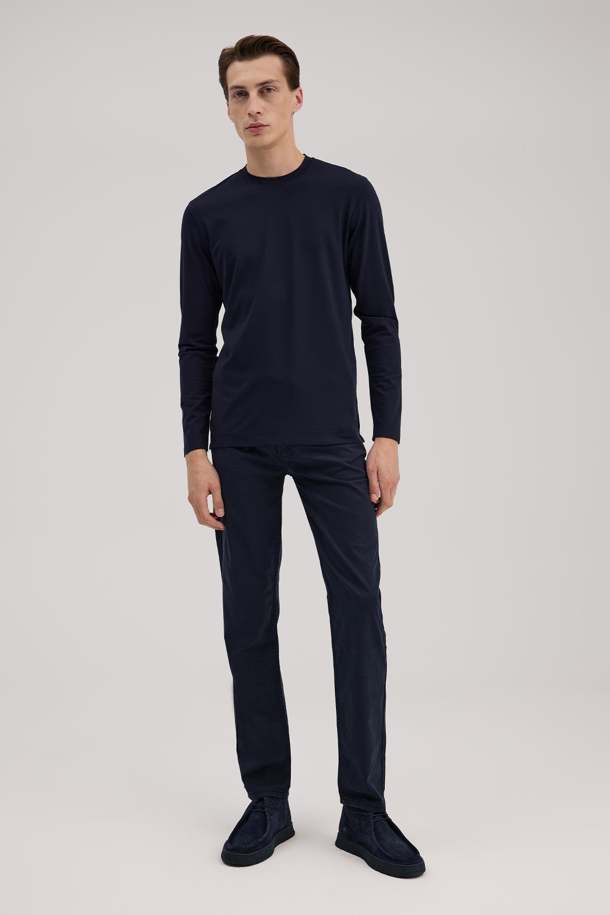 JAKAMEN Lacivert Slim Fit Bisiklet Yaka Rayon Uzun Kollu Basic Tişört
