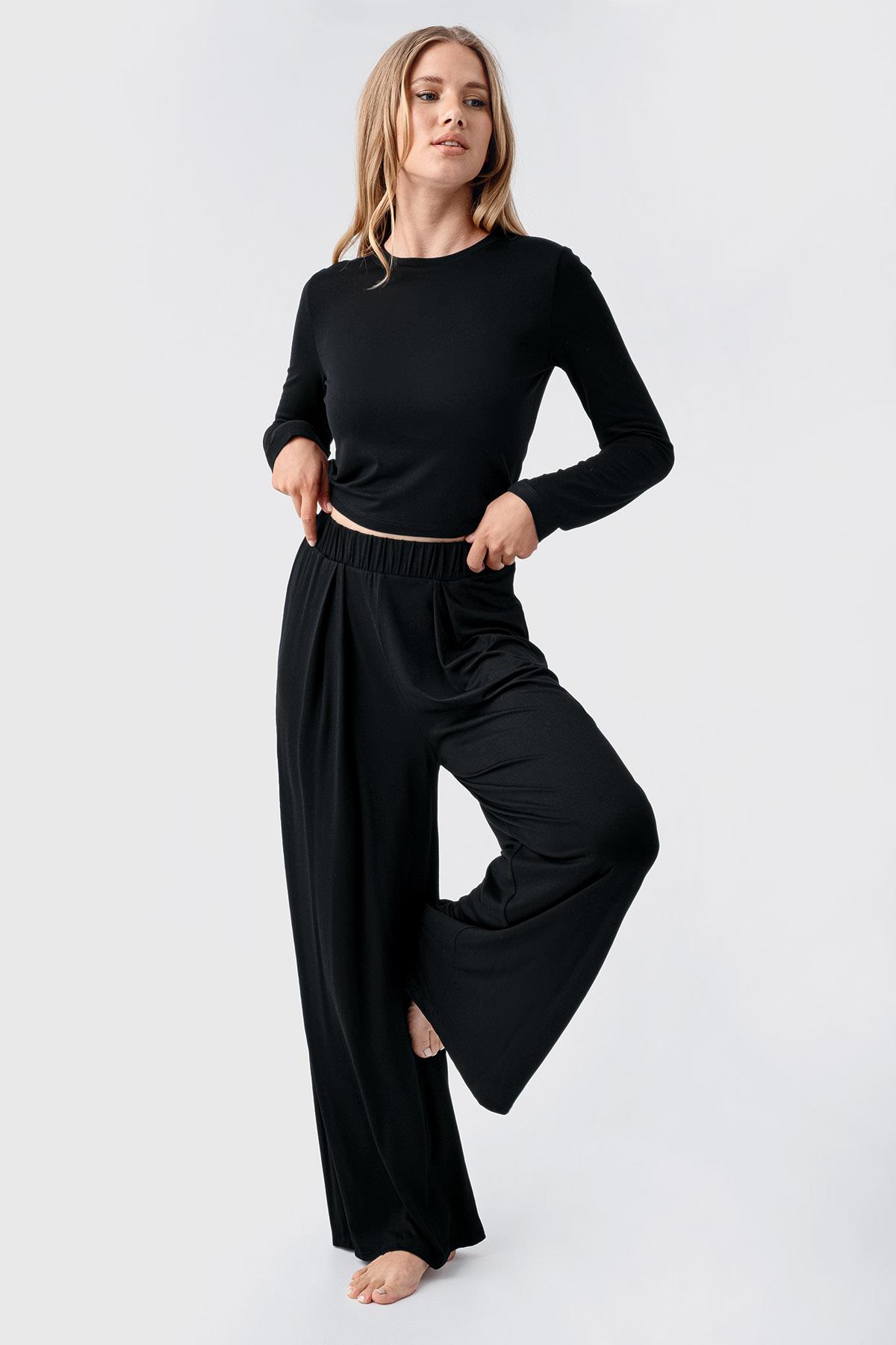 Artış Uzun Kollu Crop Bol Paça Esnek Viskoz Pijama Takım 18210