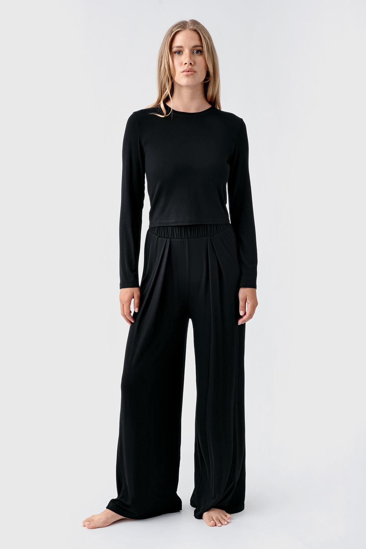 Artış Uzun Kollu Crop Bol Paça Esnek Viskoz Pijama Takım 18210 görsel 2