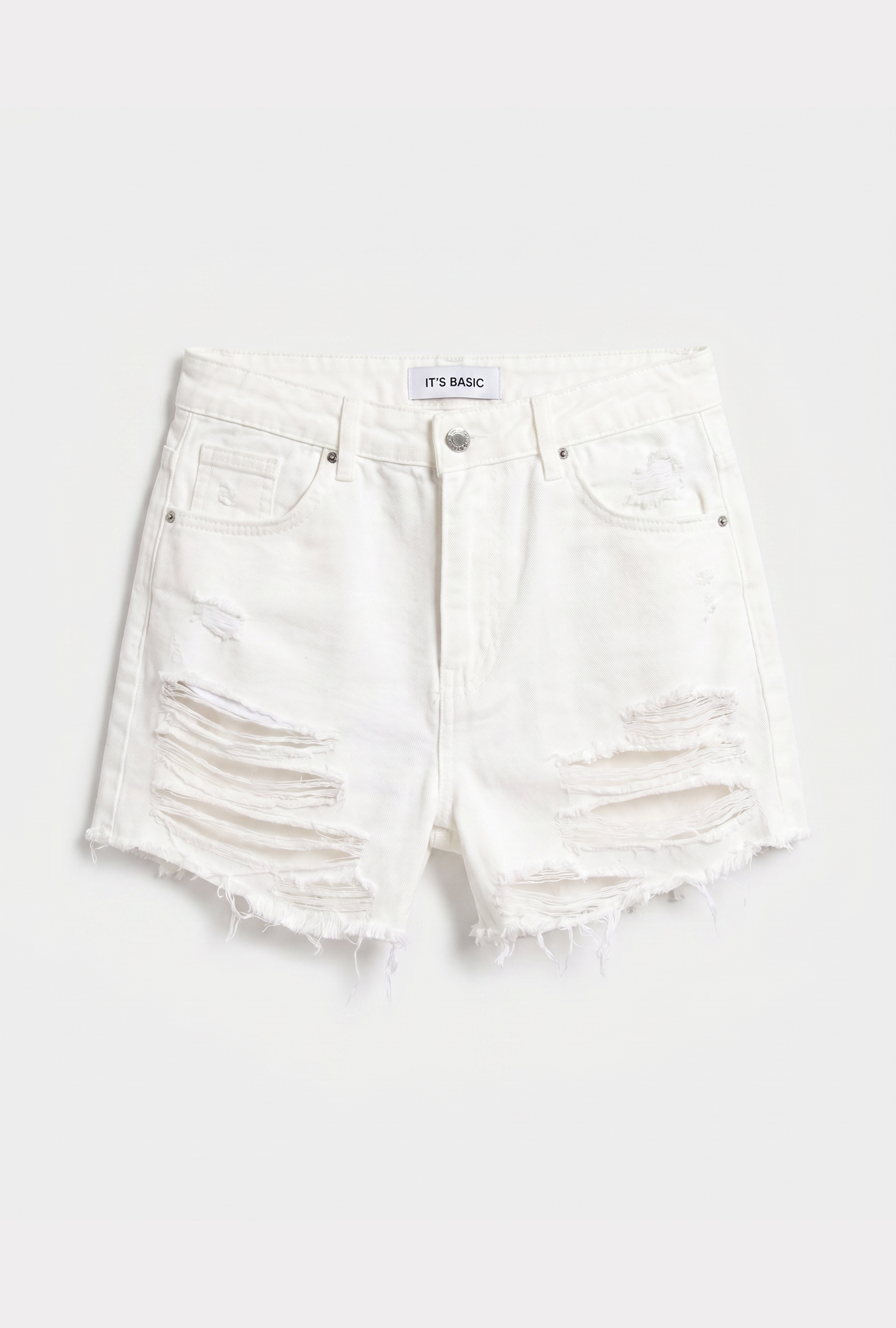 It's Basic Kadın Kırık Beyaz 15s6-101 Mini Boy Yüksek Bel Yırtık Detaylı Püsküllü %100 Pamuk Denim Şort