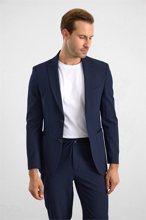 Süvari Lacivert Slim Mono Yaka Düz Torba Cep 6 Drop Takım Elbise