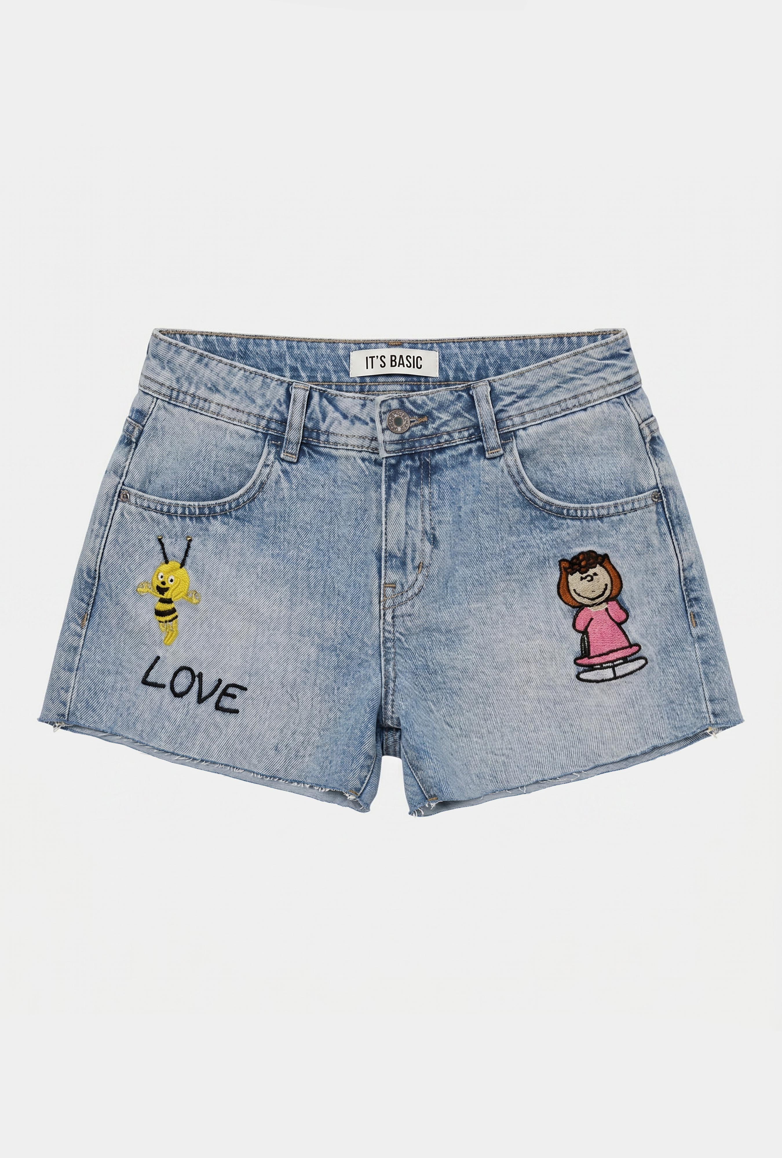 It's Basic Kadın Mavi 4s6-32 Mini Mom Nakış Desenli Tasarım Denim Şort