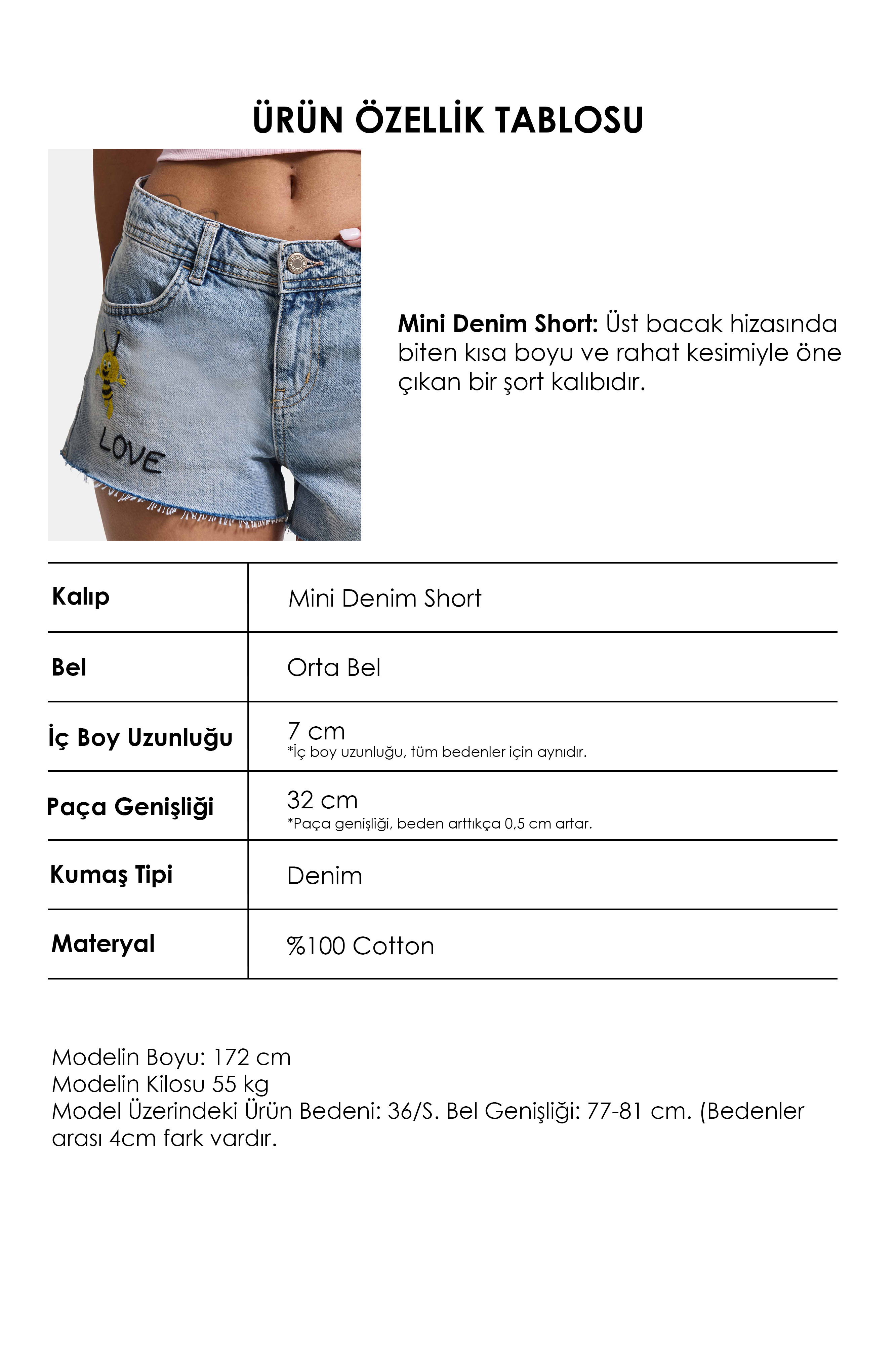 It's Basic Kadın Mavi 4s6-32 Mini Mom Nakış Desenli Tasarım Denim Şort görsel 3