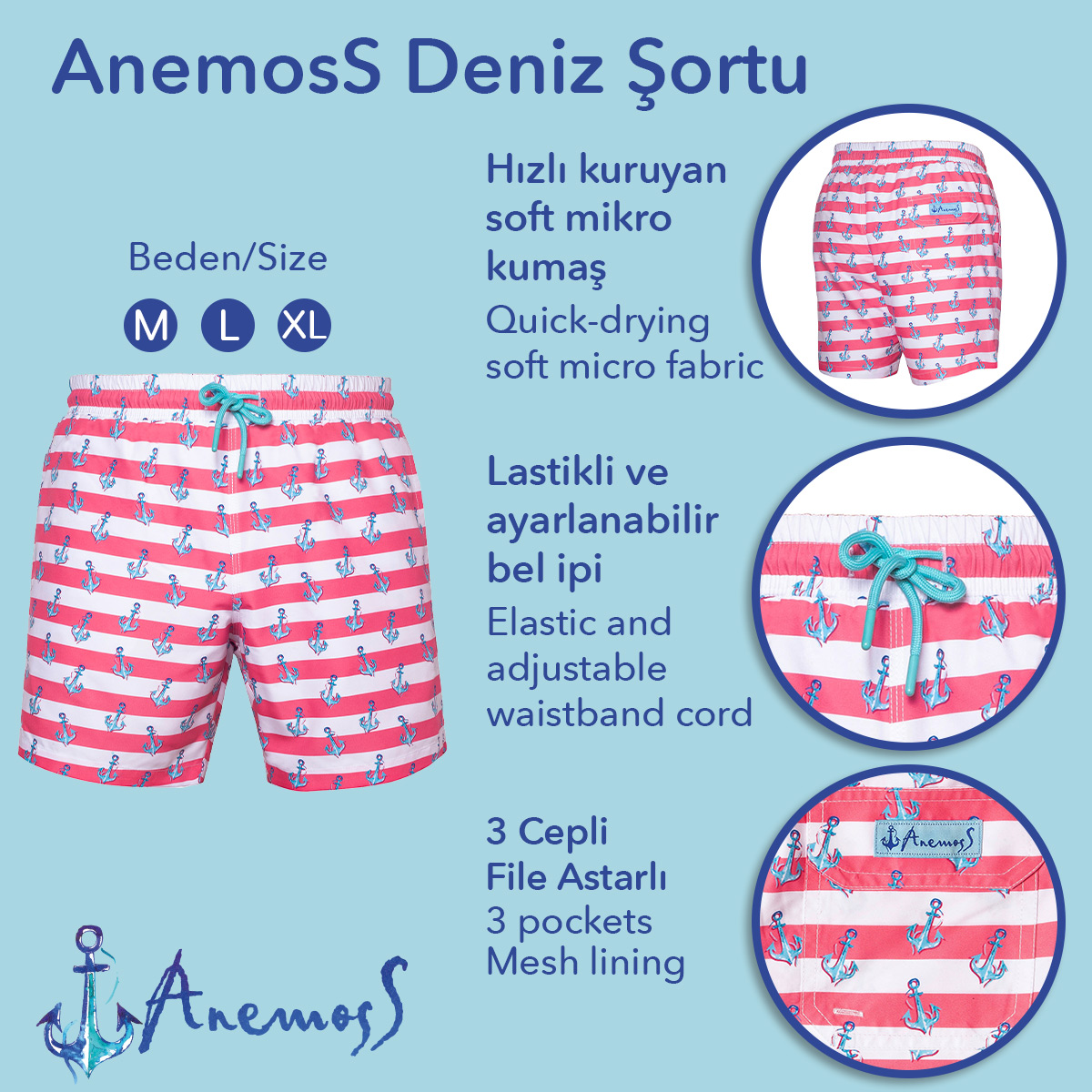 Anemoss Çapa Üç Cepli İçi Fileli Bel Lastik ve Bağlama İpli Erkek Deniz Şortu görsel 4