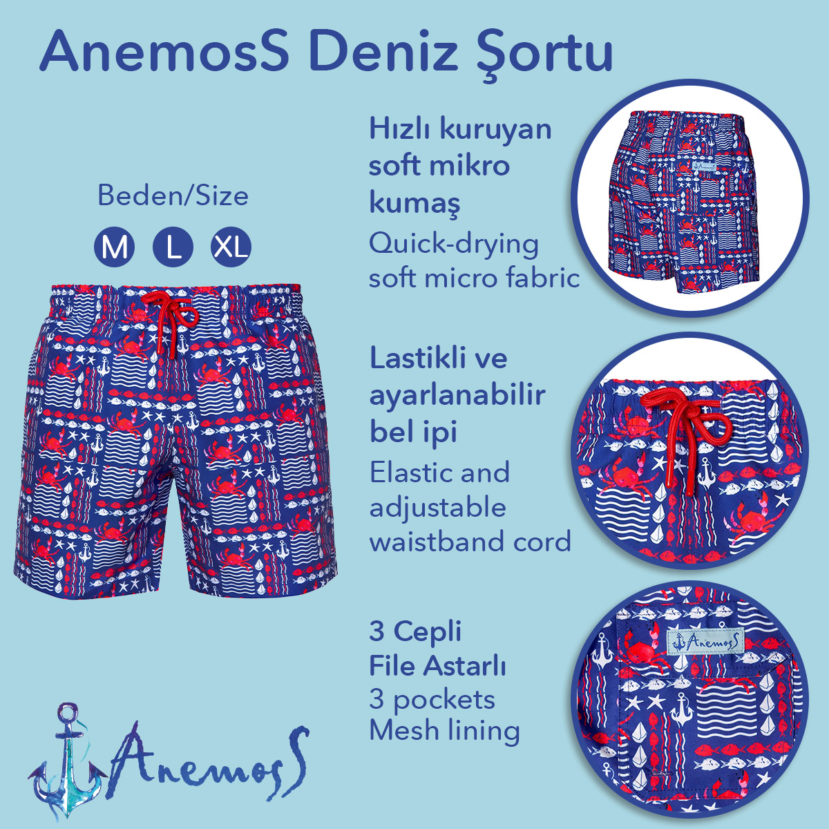Anemoss Yengeç Üç Cepli İçi Fileli Bel Lastik ve Bağlama İpli Erkek Deniz Şortu görsel 4