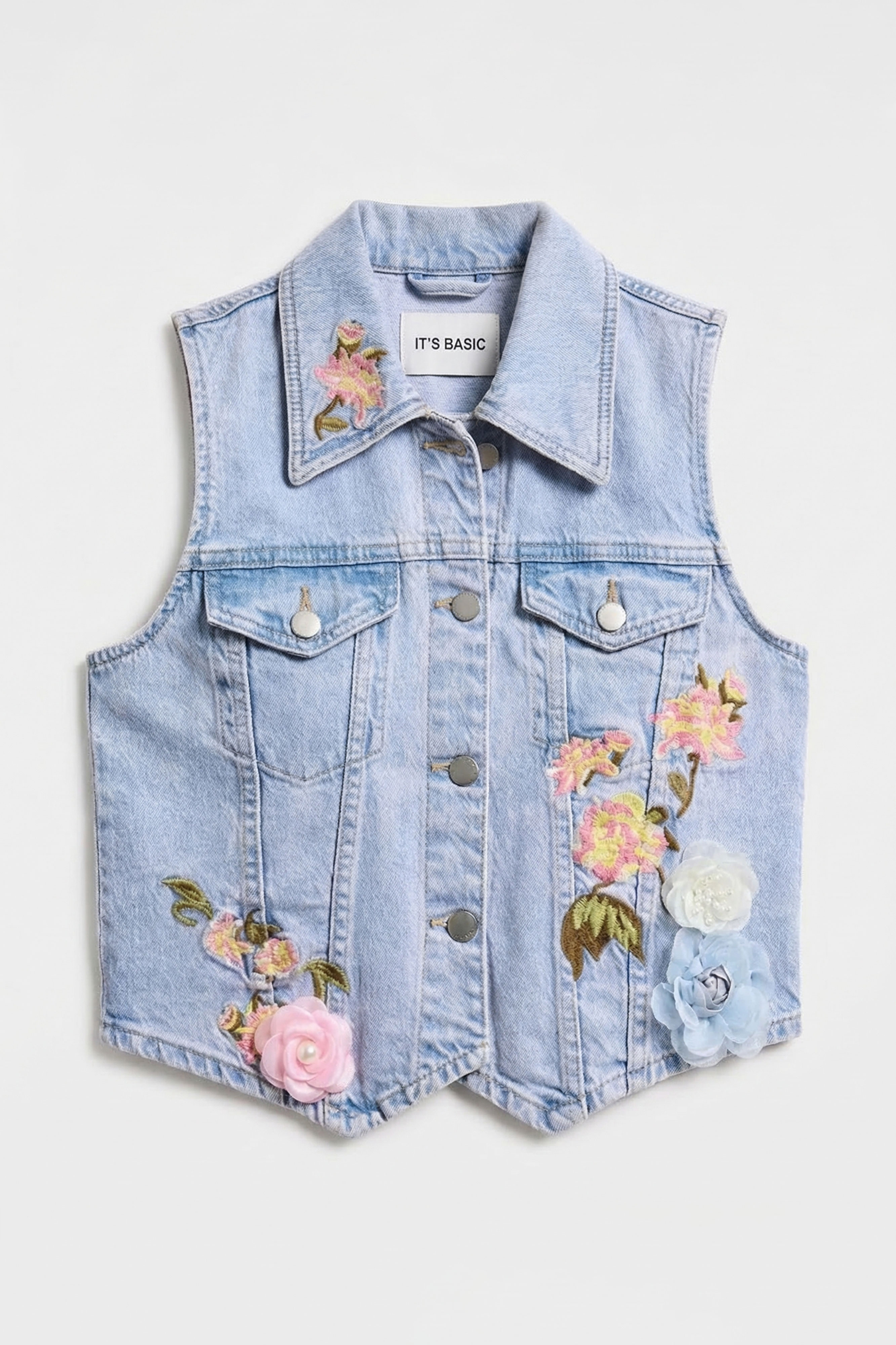 It's Basic Kadın Jean Rengi 3s6-89 Crop Fit Gül ve Nakış Detaylı Özel Tasarım Denim Yelek