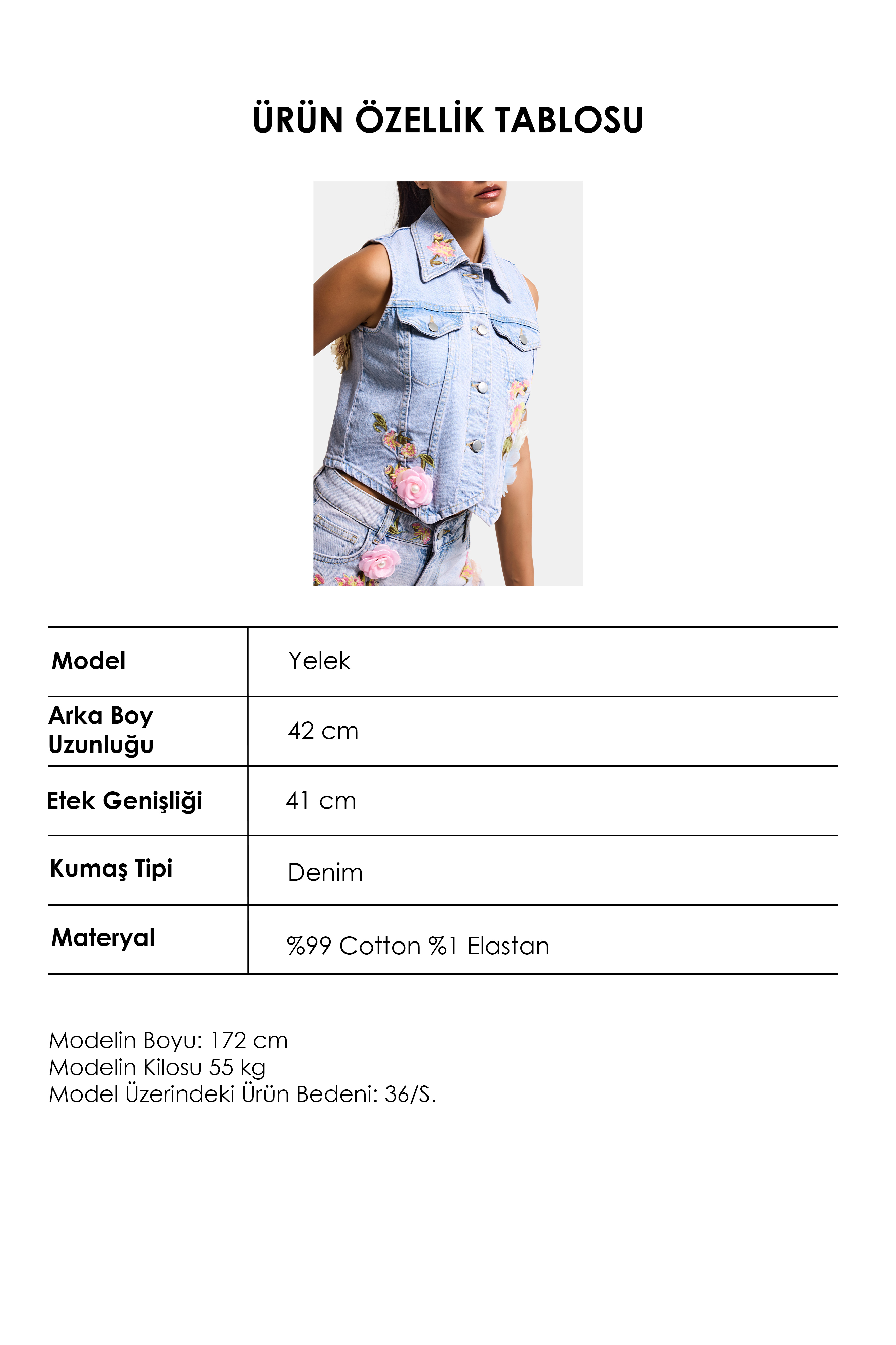 It's Basic Kadın Jean Rengi 3s6-89 Crop Fit Gül ve Nakış Detaylı Özel Tasarım Denim Yelek görsel 3