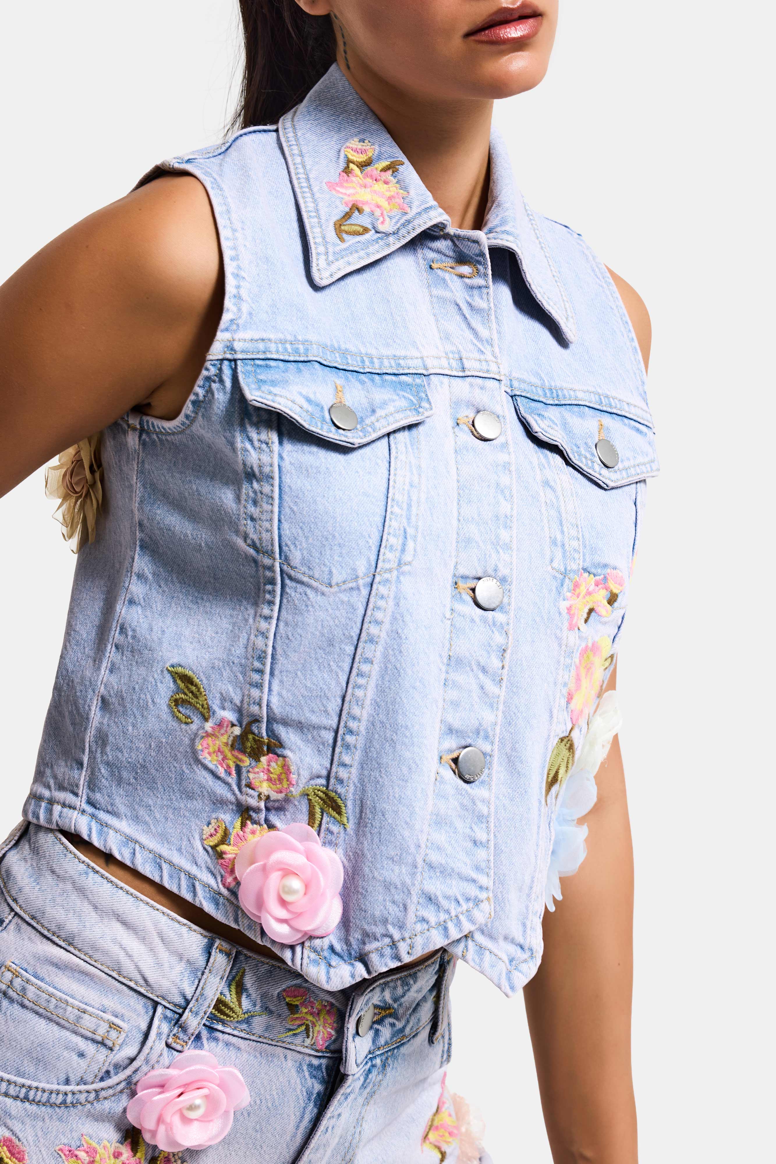 It's Basic Kadın Jean Rengi 3s6-89 Crop Fit Gül ve Nakış Detaylı Özel Tasarım Denim Yelek görsel 5
