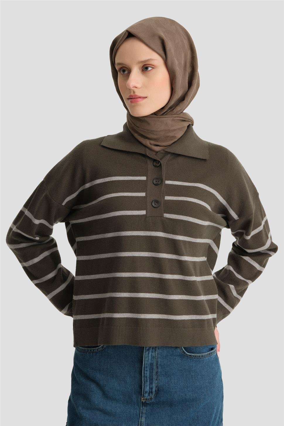 ARMİNE Çizgili Triko Kazak 24Kd4208 Haki