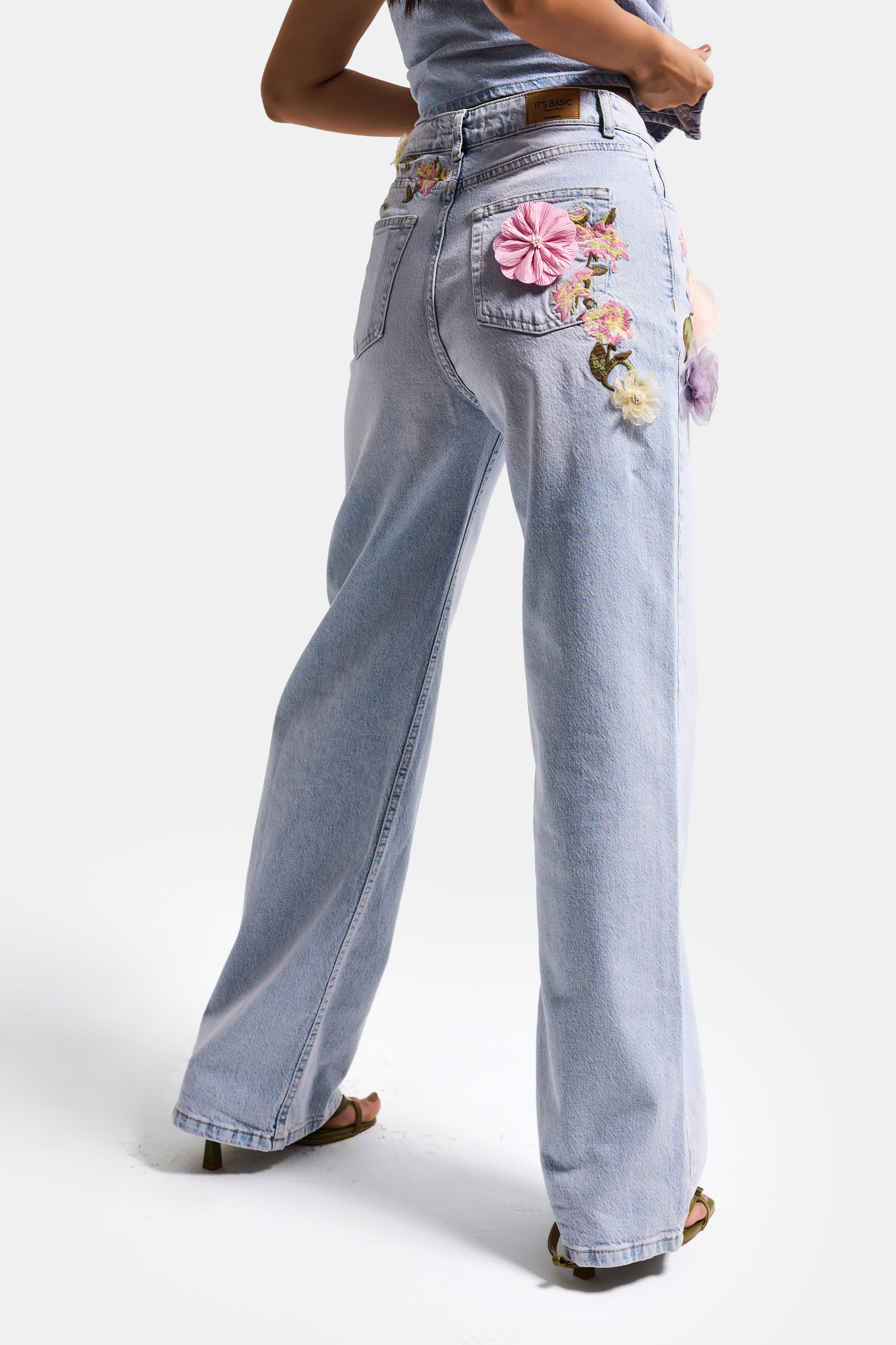 It's Basic Kadın Jean Rengi 4s6-89 Straight Fit Gül ve Nakış Detaylı Özel Tasarım Denim Jean görsel 2