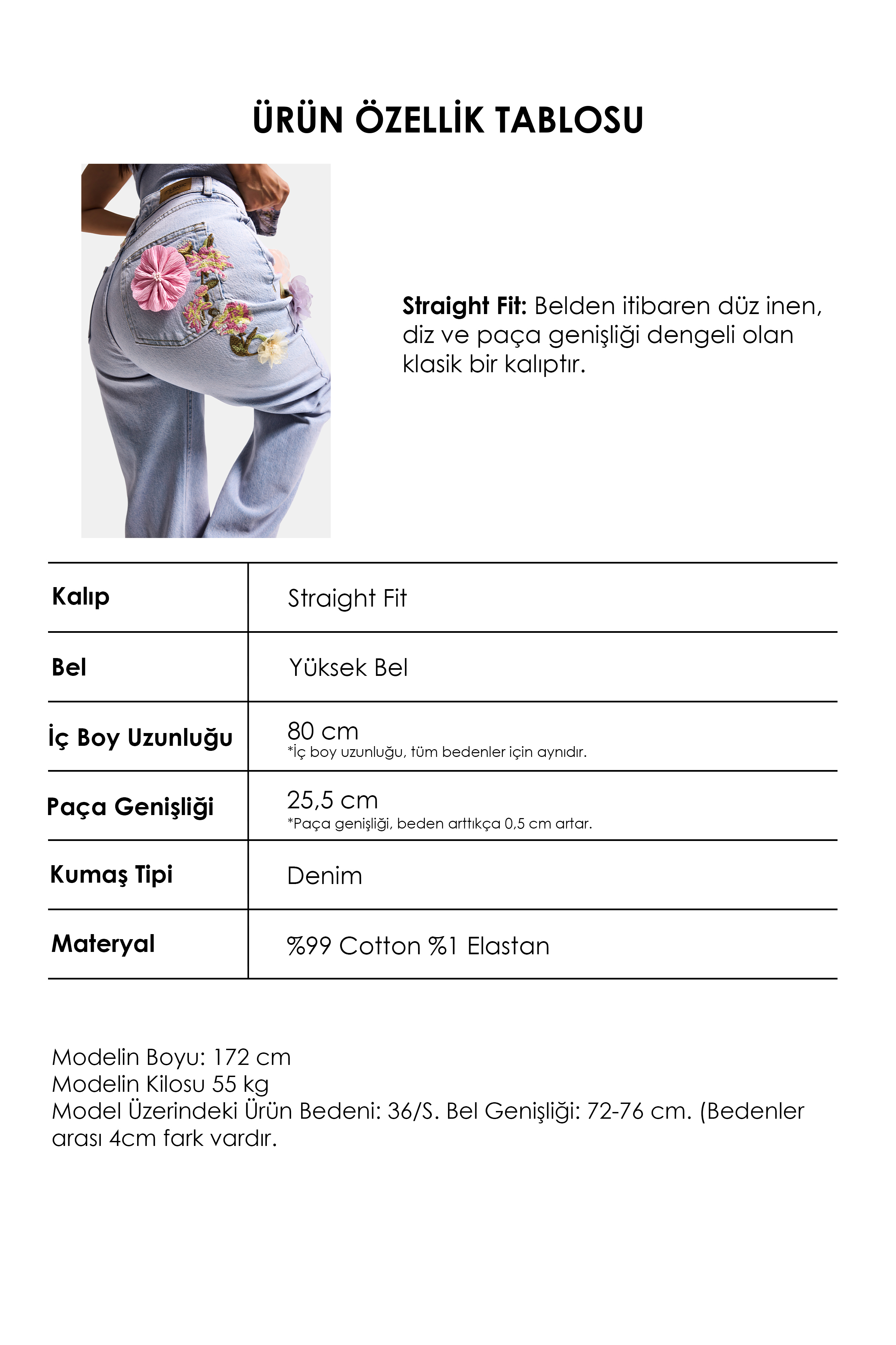 It's Basic Kadın Jean Rengi 4s6-89 Straight Fit Gül ve Nakış Detaylı Özel Tasarım Denim Jean görsel 3
