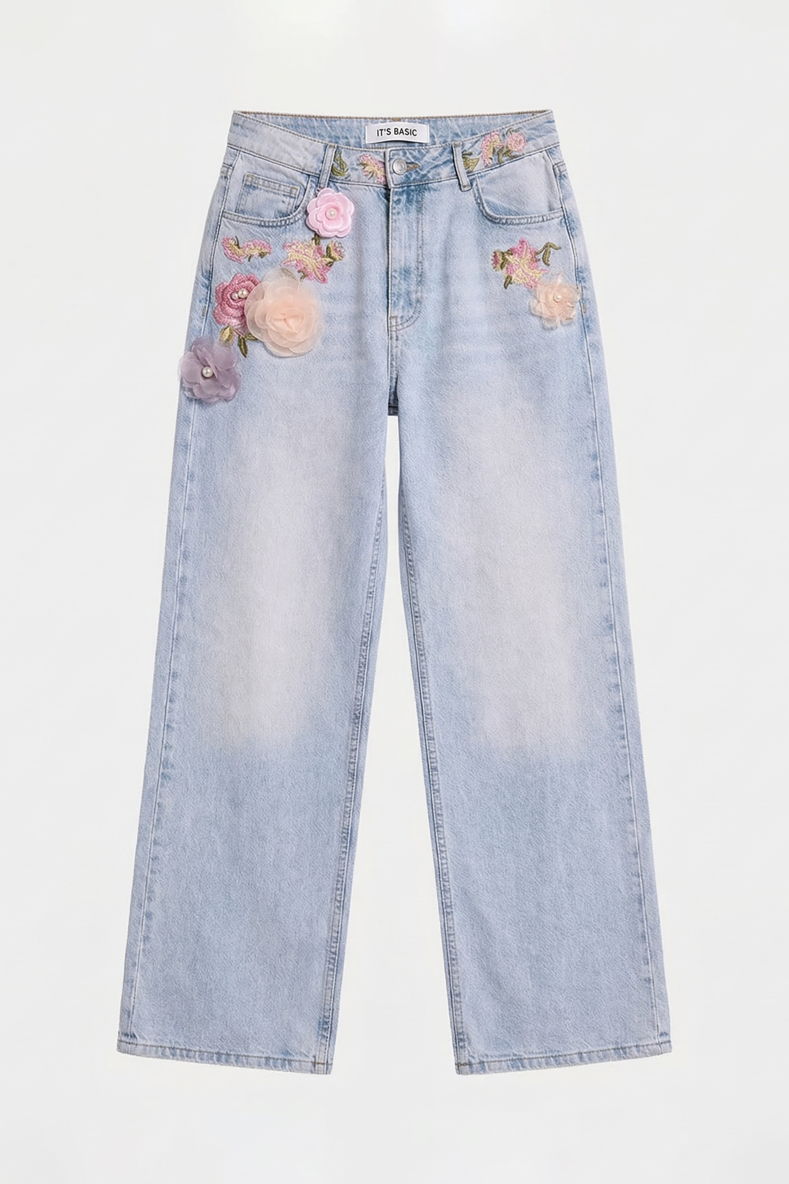 It's Basic Kadın Jean Rengi 4s6-89 Straight Fit Gül ve Nakış Detaylı Özel Tasarım Denim Jean görsel 4