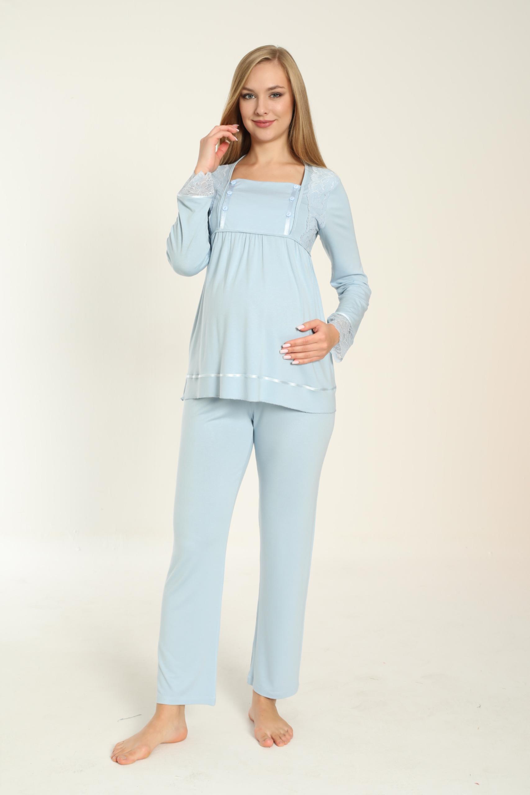 MİSS DÜNYA LİSSA Uzun Kol Bebe Mavisi Hamile ve Lohusa Pijama Takımı görsel 2