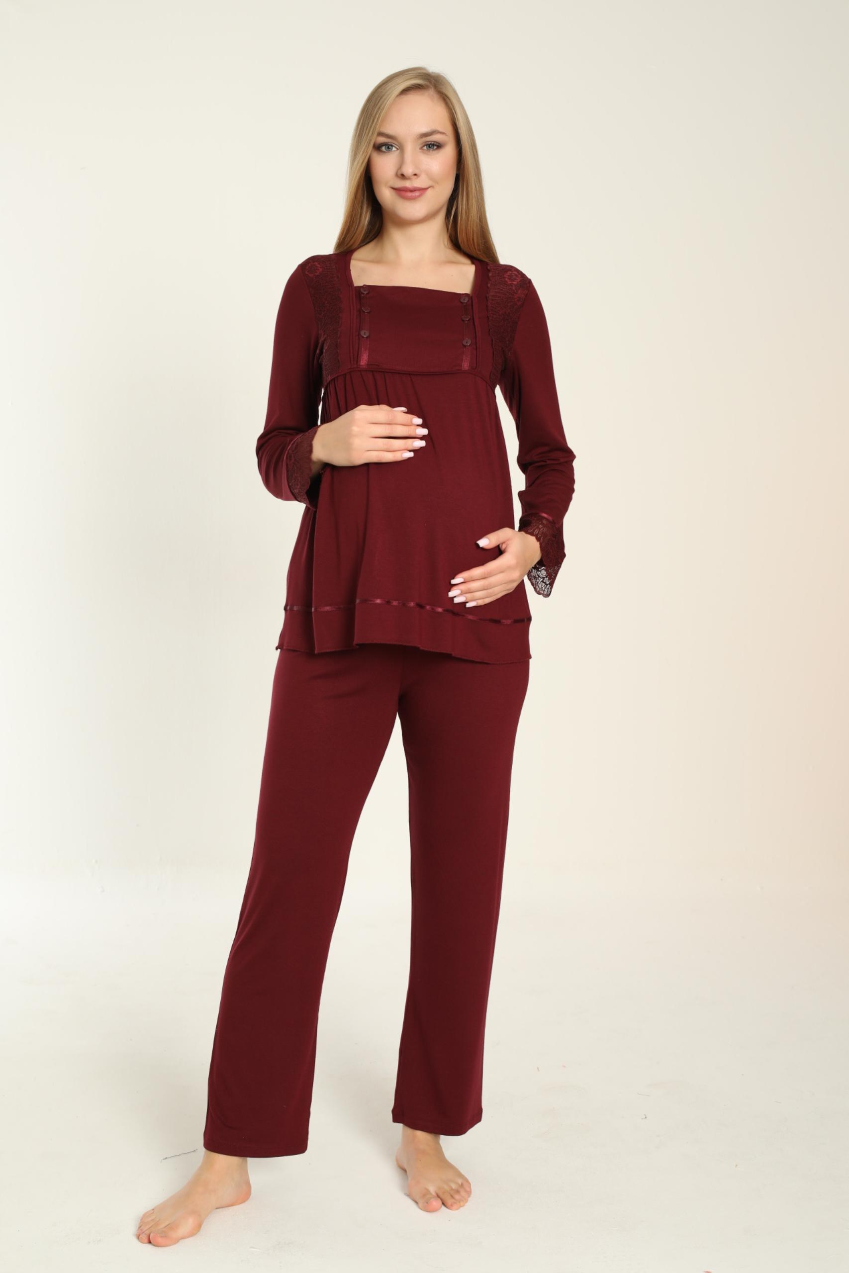 MİSS DÜNYA LİSSA Uzun Kol Bordo Hamile ve Lohusa Pijama Takımı