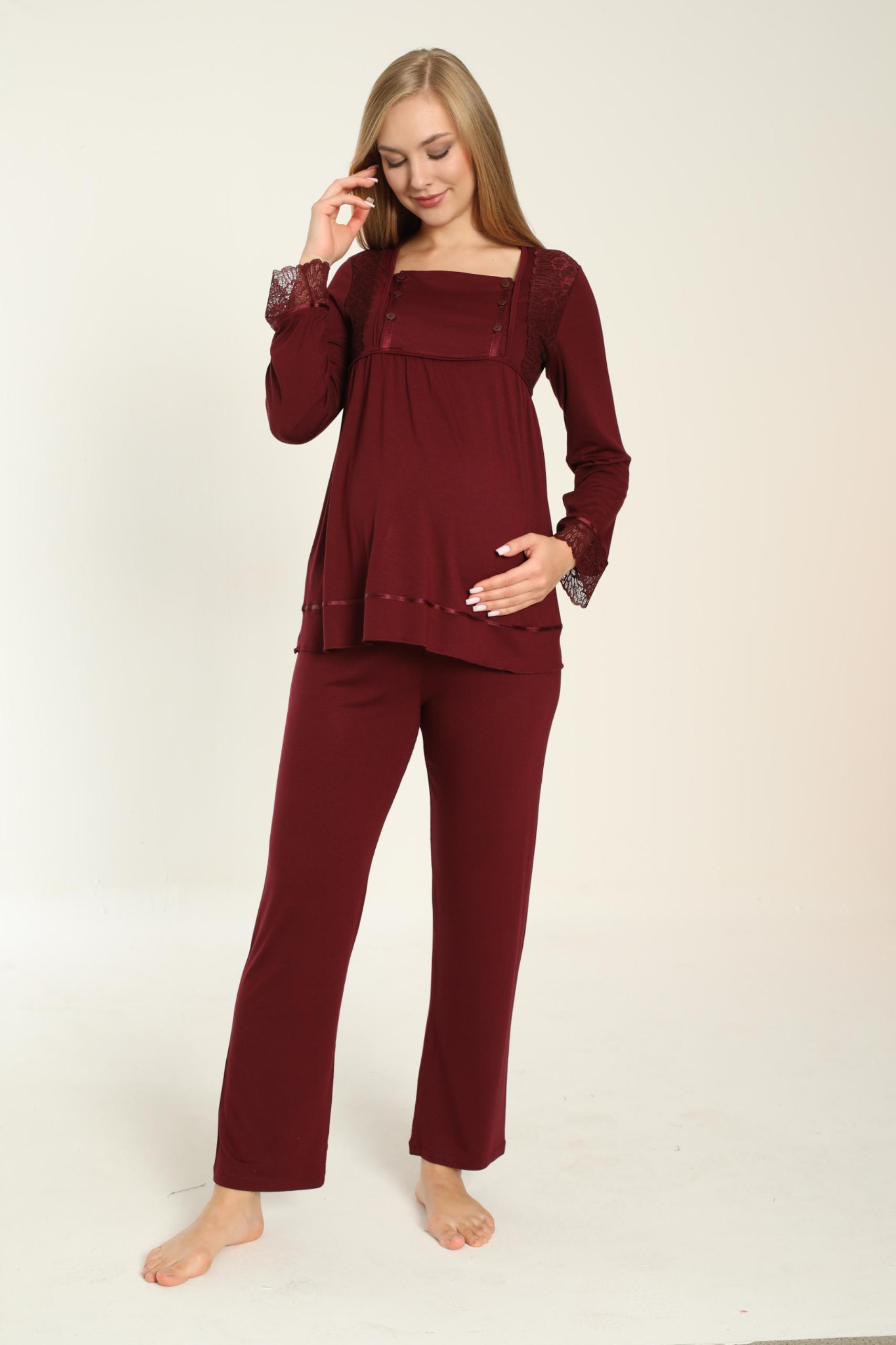 MİSS DÜNYA LİSSA Uzun Kol Bordo Hamile ve Lohusa Pijama Takımı görsel 3
