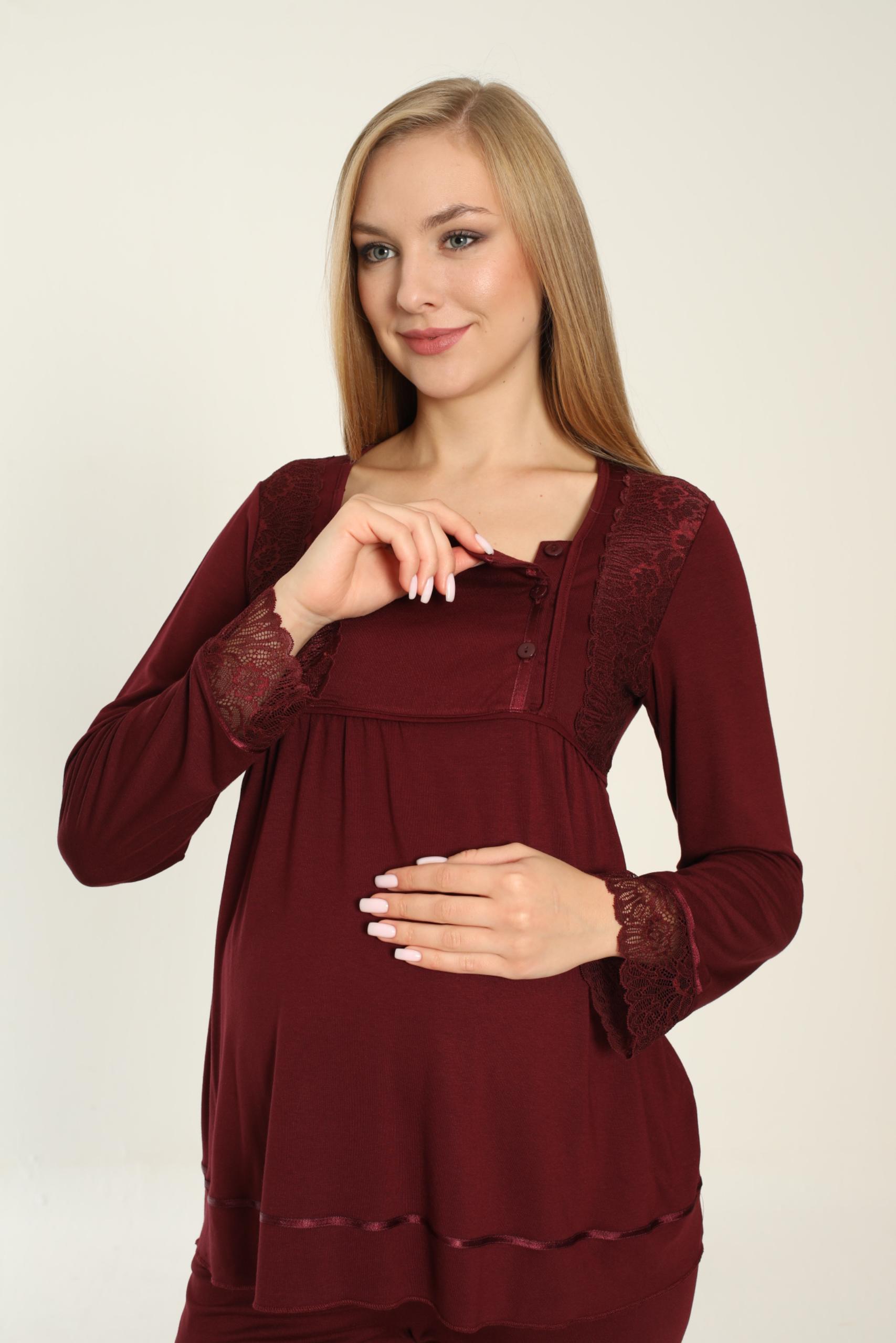 MİSS DÜNYA LİSSA Uzun Kol Bordo Hamile ve Lohusa Pijama Takımı görsel 4