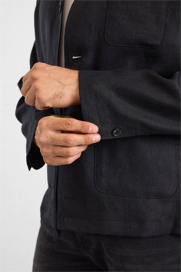 Süvari Siyah Regular Bebe Yaka Düz Poplin Torba Cep 4 Drop Spor Ceket görsel 5