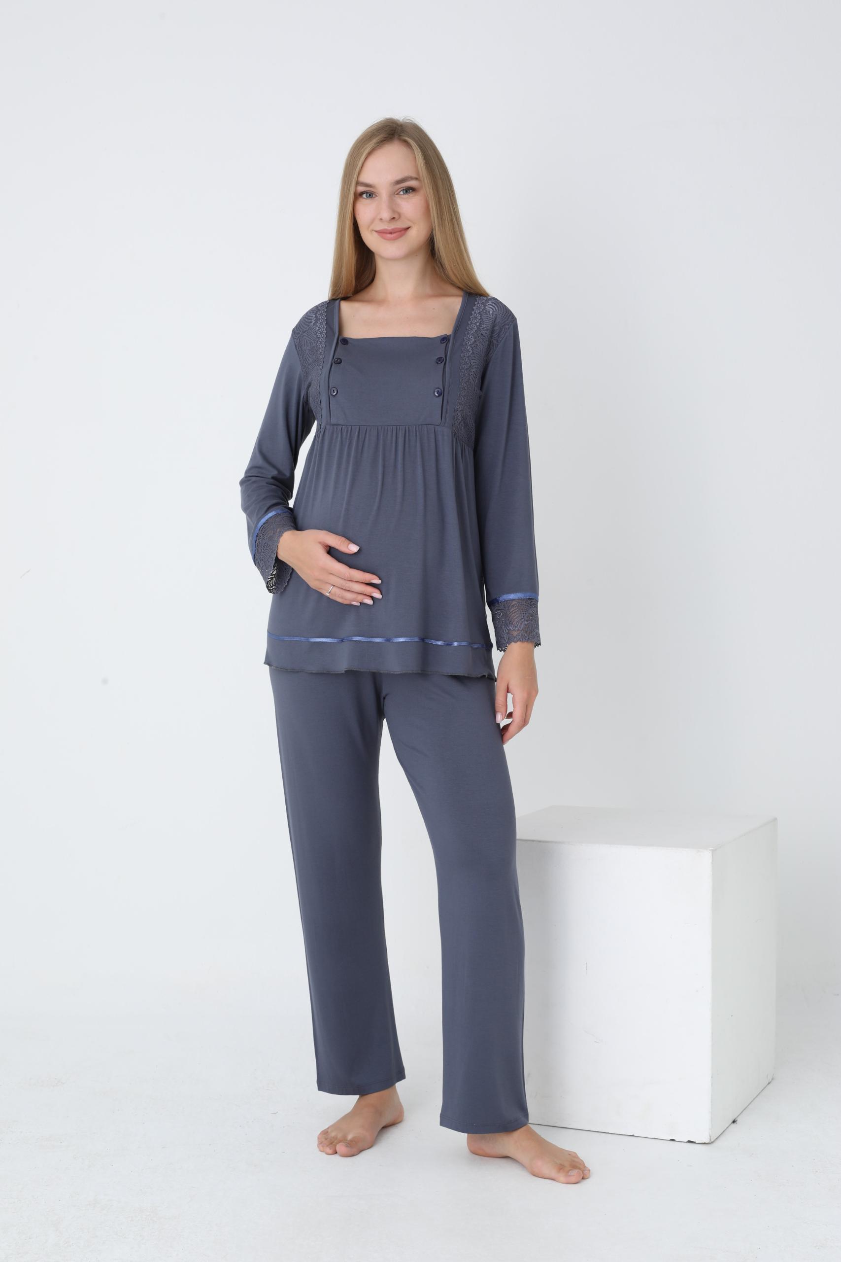 MİSS DÜNYA LİSSA Uzun Kol Füme Hamile ve Lohusa Pijama Takımı