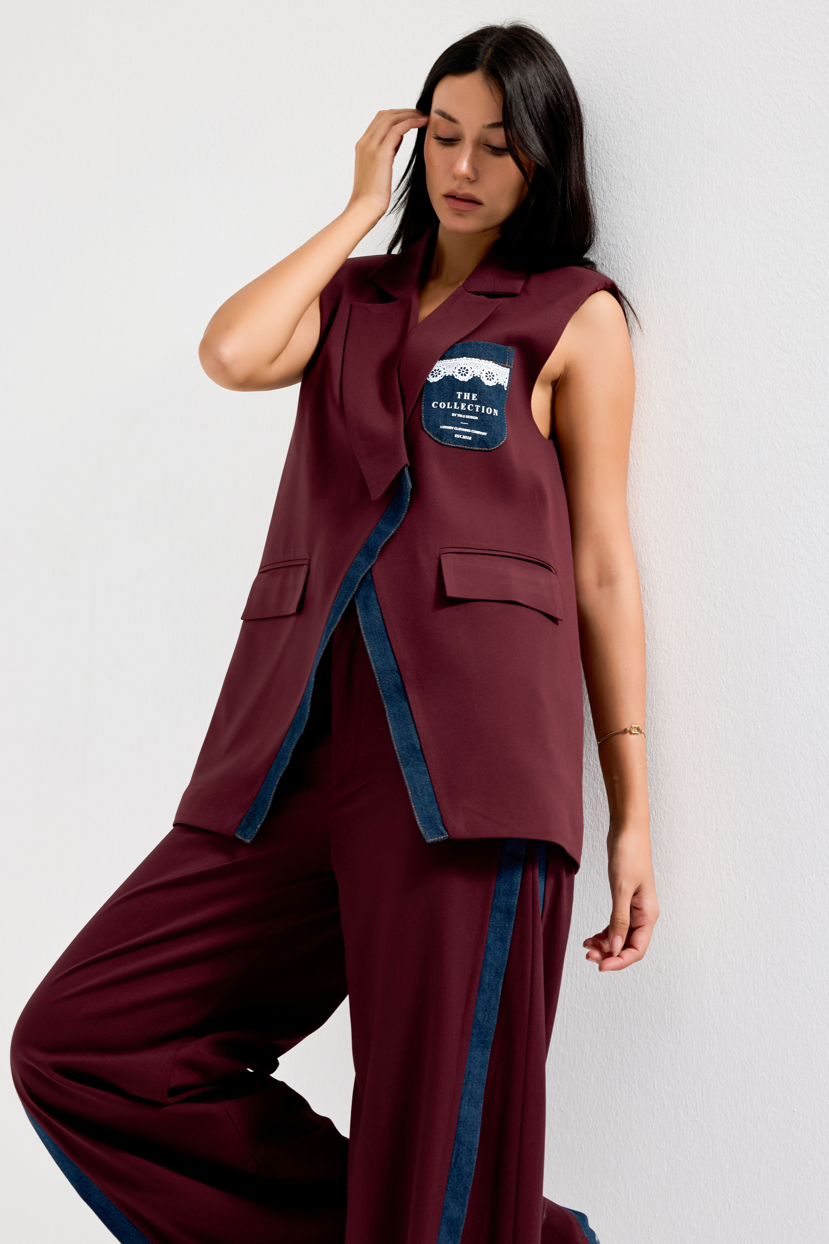 It's Basic Kadın Bordo Renk Denim Parçalı Uzun Boy Özel Tasarım İçi Astarlı Yelek görsel 2