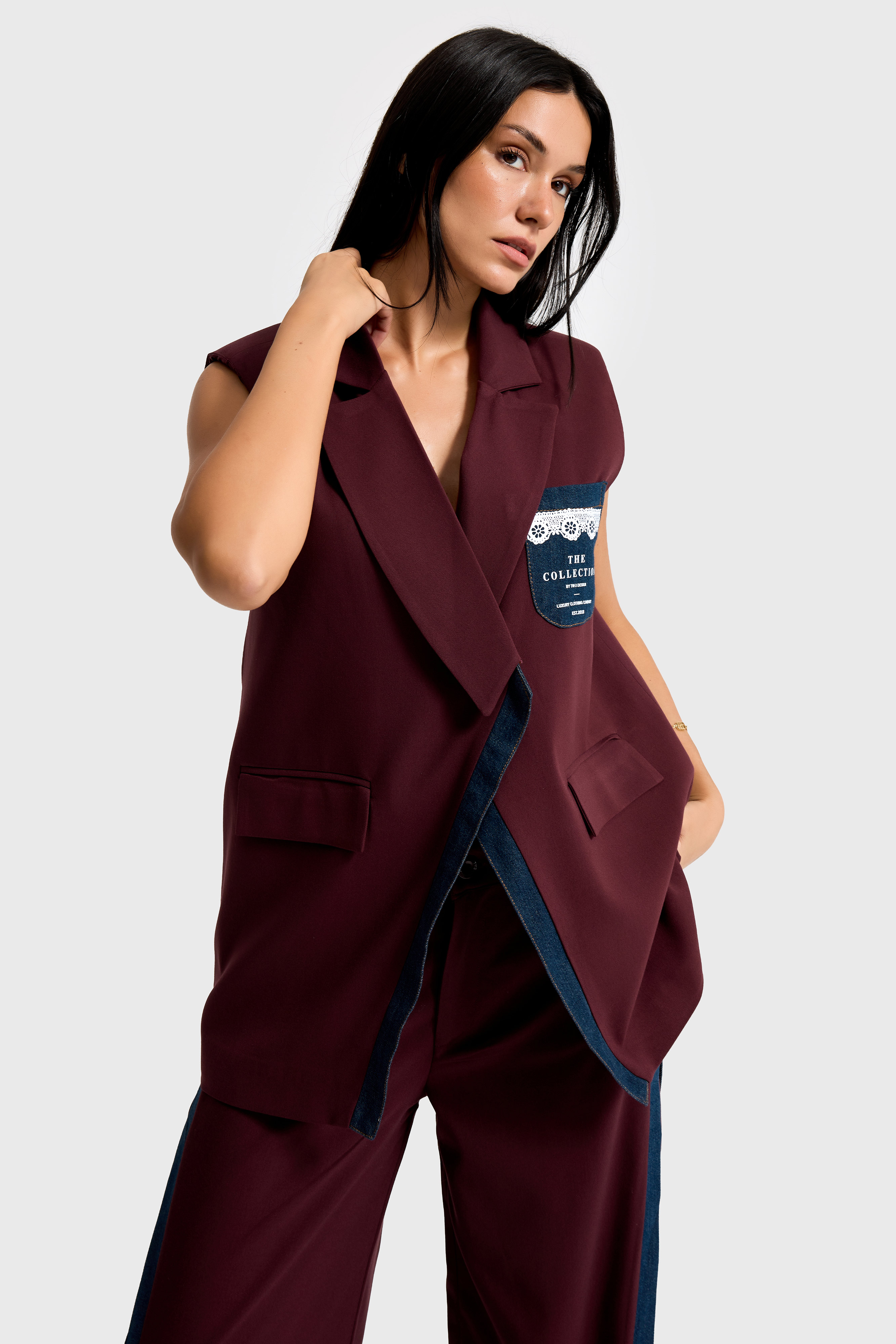 It's Basic Kadın Bordo Renk Denim Parçalı Uzun Boy Özel Tasarım İçi Astarlı Yelek görsel 5