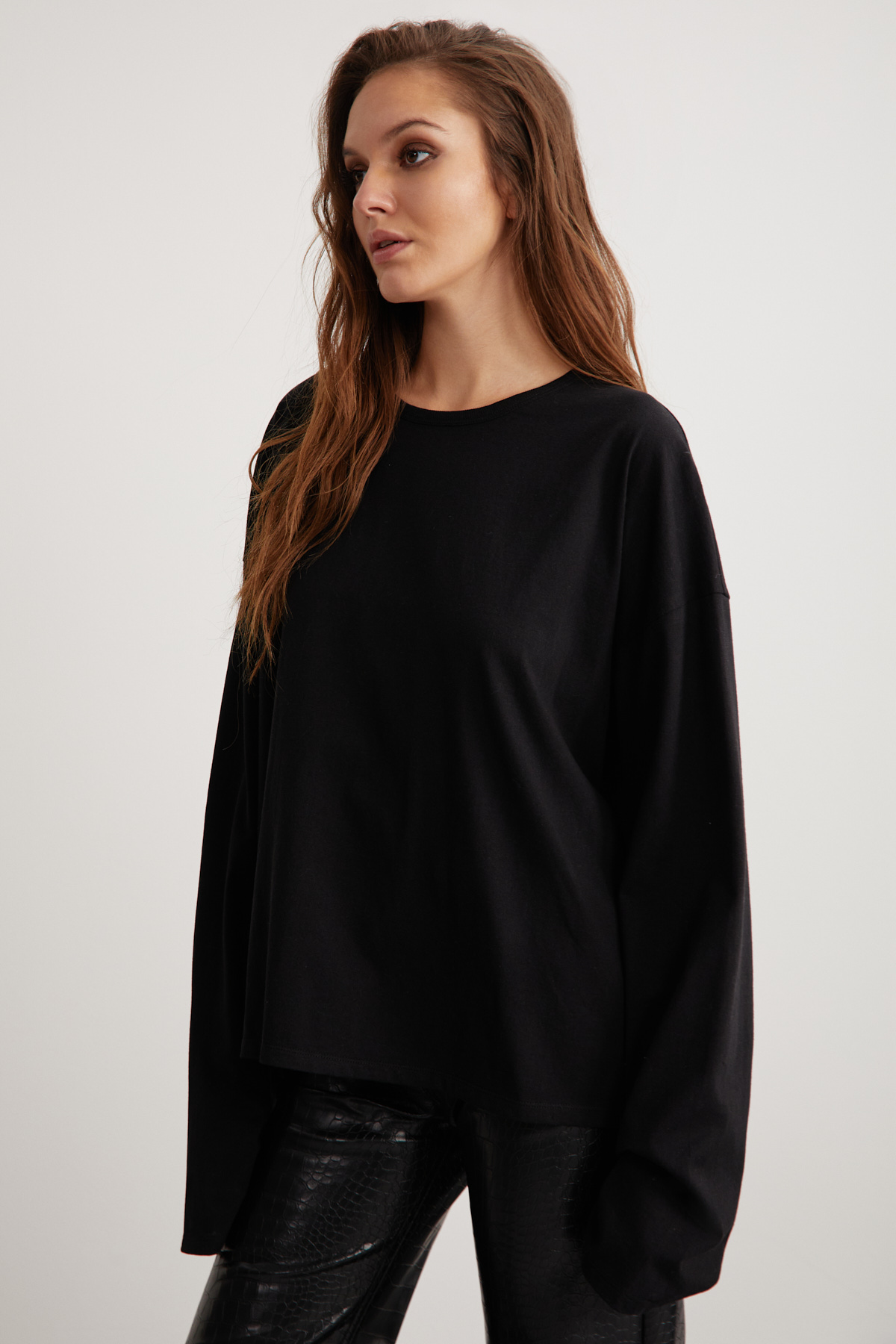 GRIMELANGE BASIL Kadını Oversize %100 Organik Pamuk Örme Uzun Kol SİYAH T-Shirt