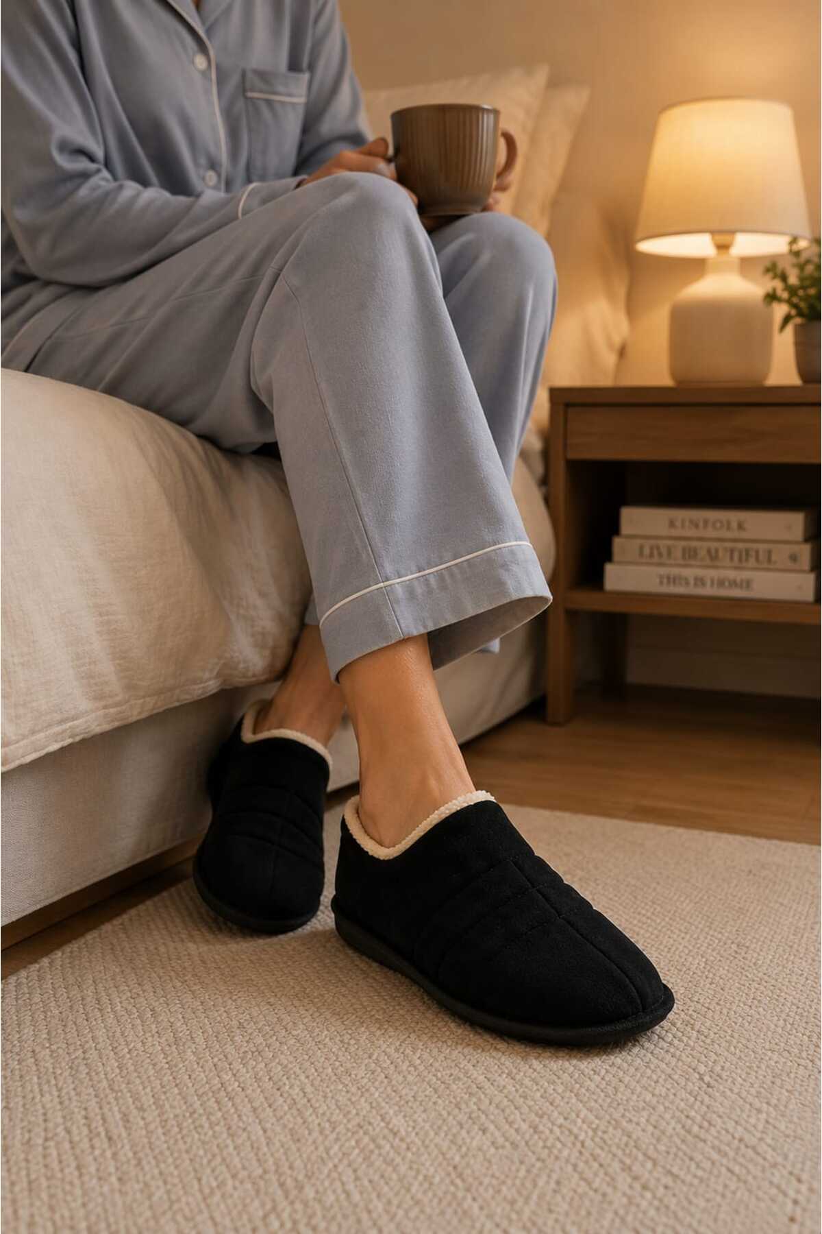 Slipcat Unisex, Kapitone Dikişli, İçi Kürklü, Süet Ev Terliği, Sıcak Tutan Panduf görsel 4