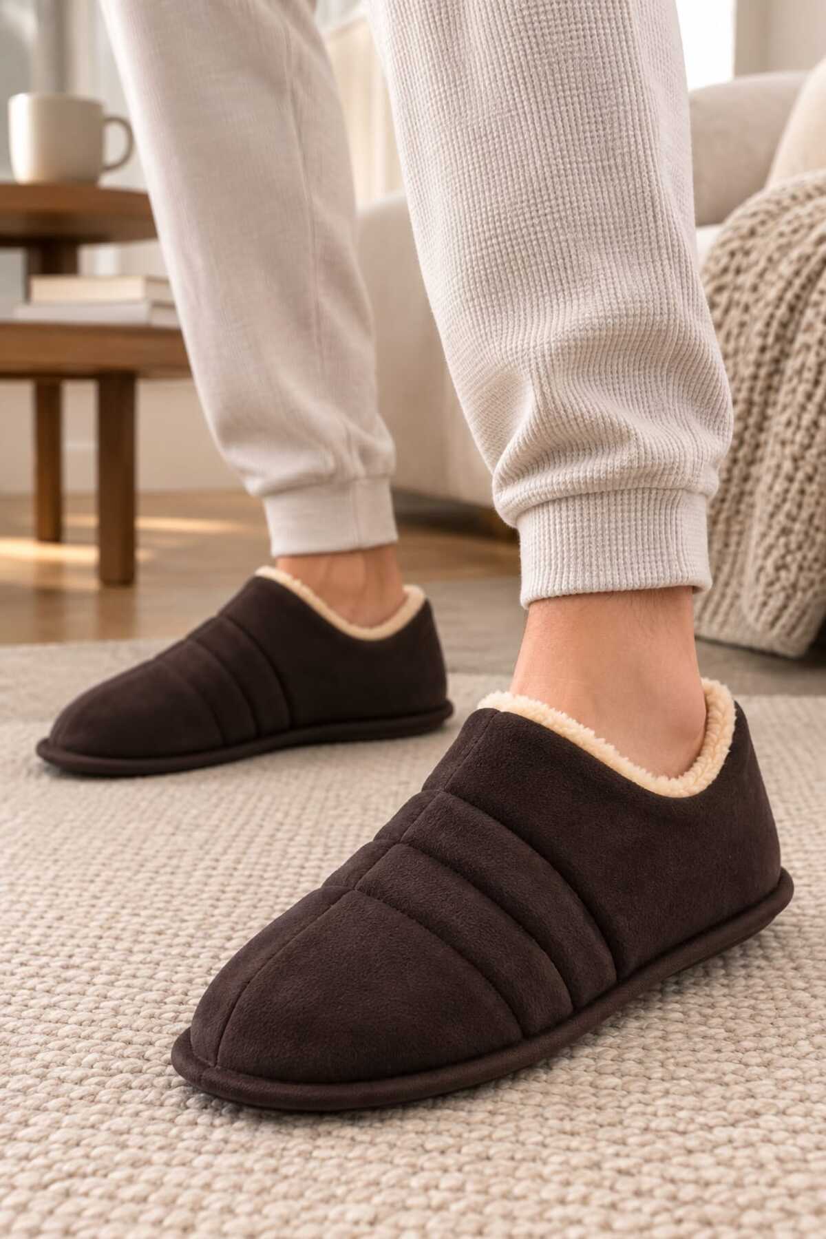 Slipcat Unisex, Kapitone Dikişli, İçi Kürklü, Süet Ev Terliği, Sıcak Tutan Panduf görsel 3