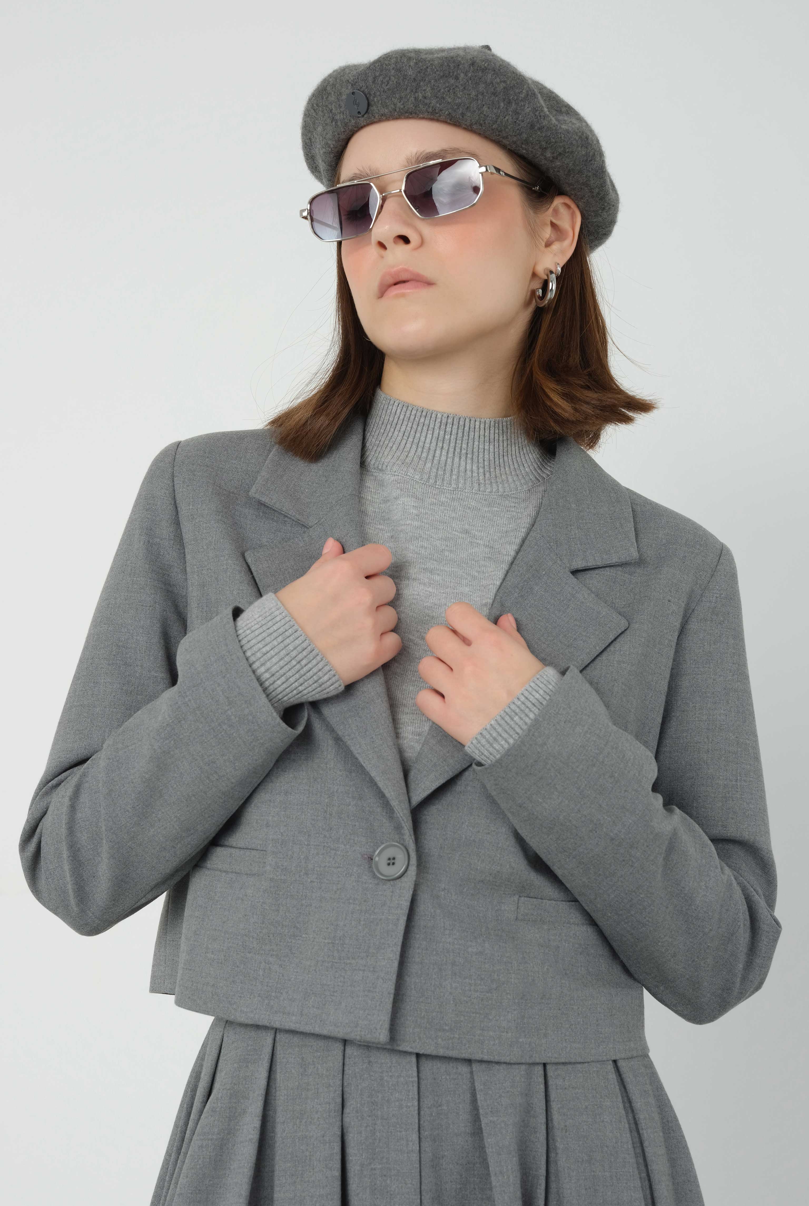 HE-QA Crop Blazer Ceket Duman