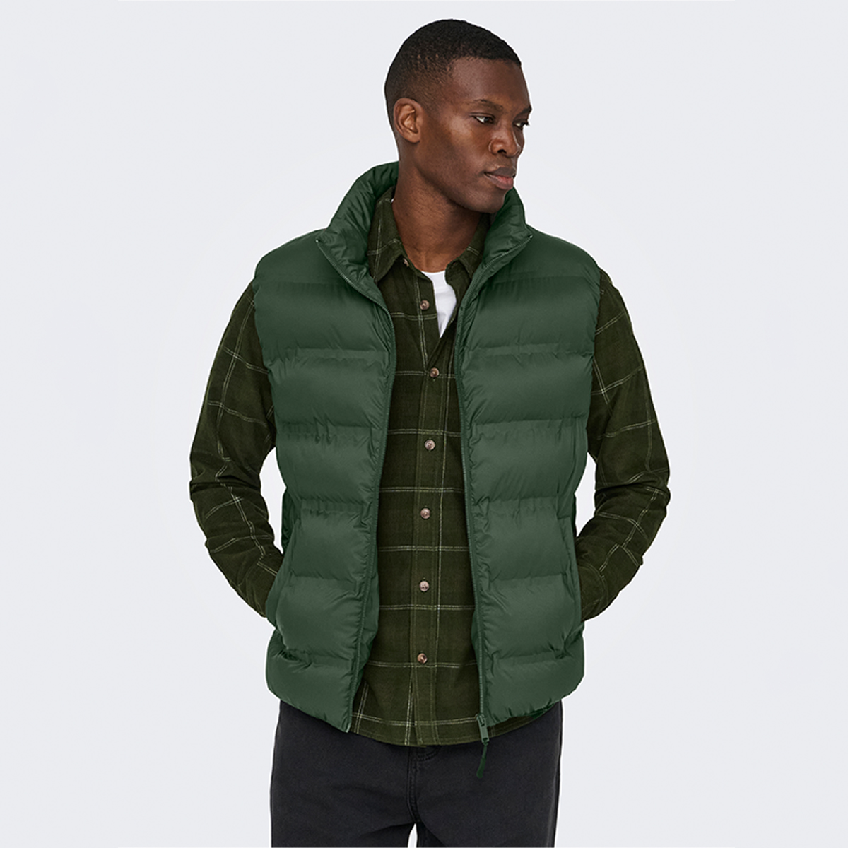 Only&Sons Union Seamless Life Puffer Erkek Haki Dik Yaka Yelek görsel 2