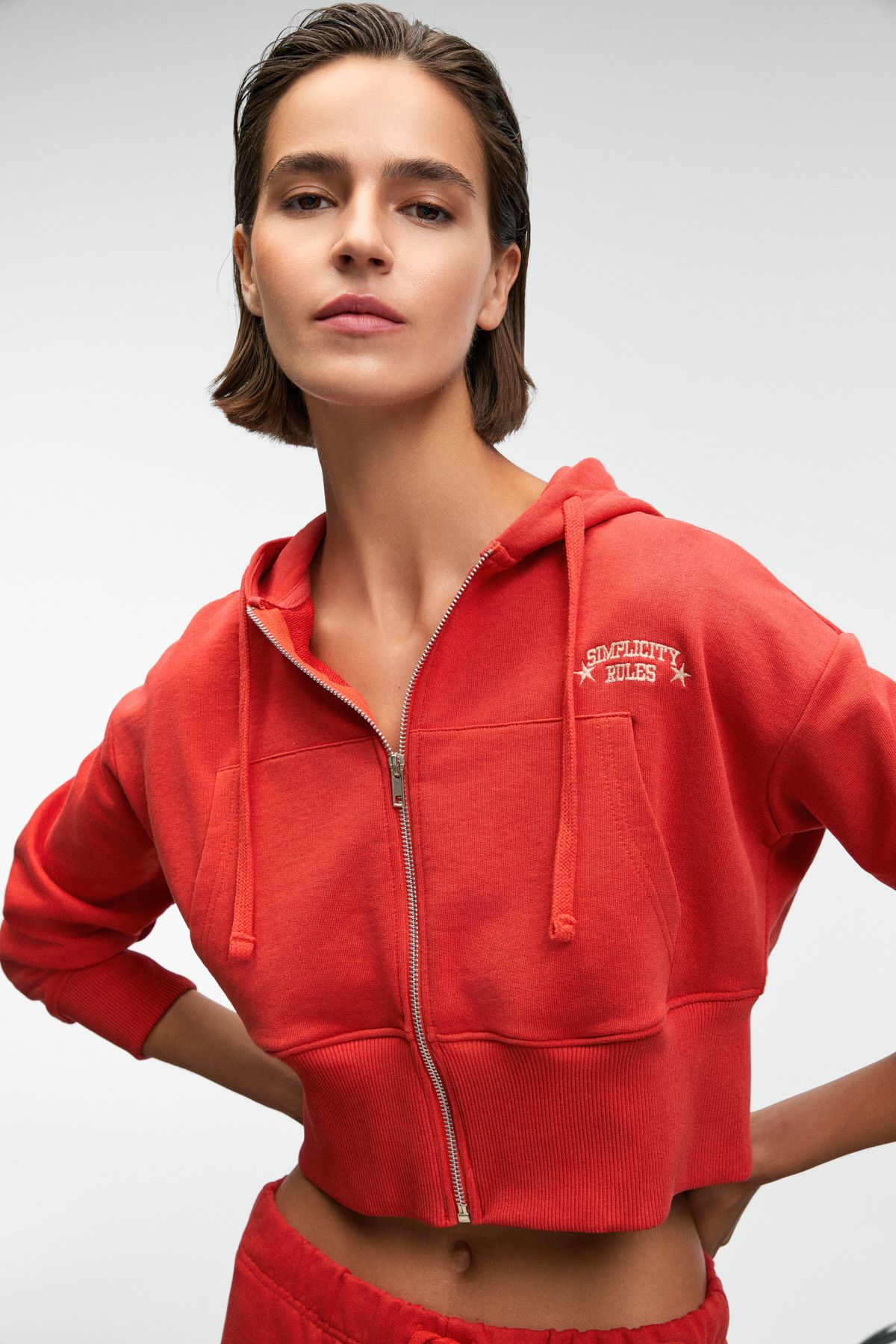 GRIMELANGE ELARA Kadın Metal Fermuarlı Nakışlı Kapüşonlu Crop KIRMIZI Sweatshirt görsel 3