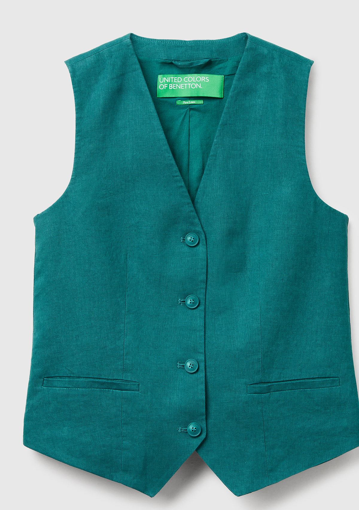 United Colors Of Benetton Kadın Koyu Yeşil %100 Keten Önü Düğme İliklemeli V Yaka Yelek görsel 2