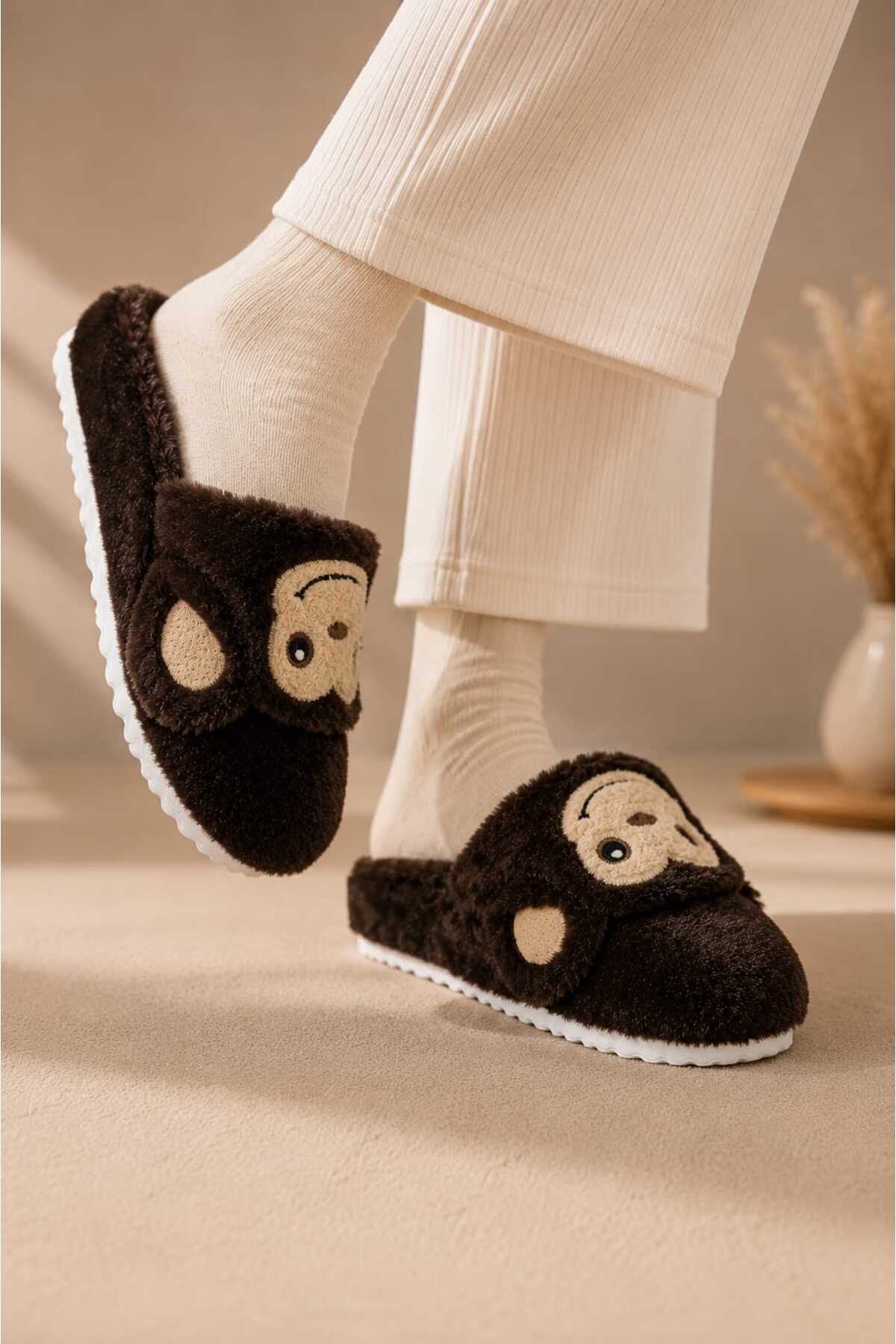 Slipcat Maymun Figürlü, Yumuşak, Sıcak Tutan, Rahat, Kışlık Panduf, Pelüş Ev Terliği