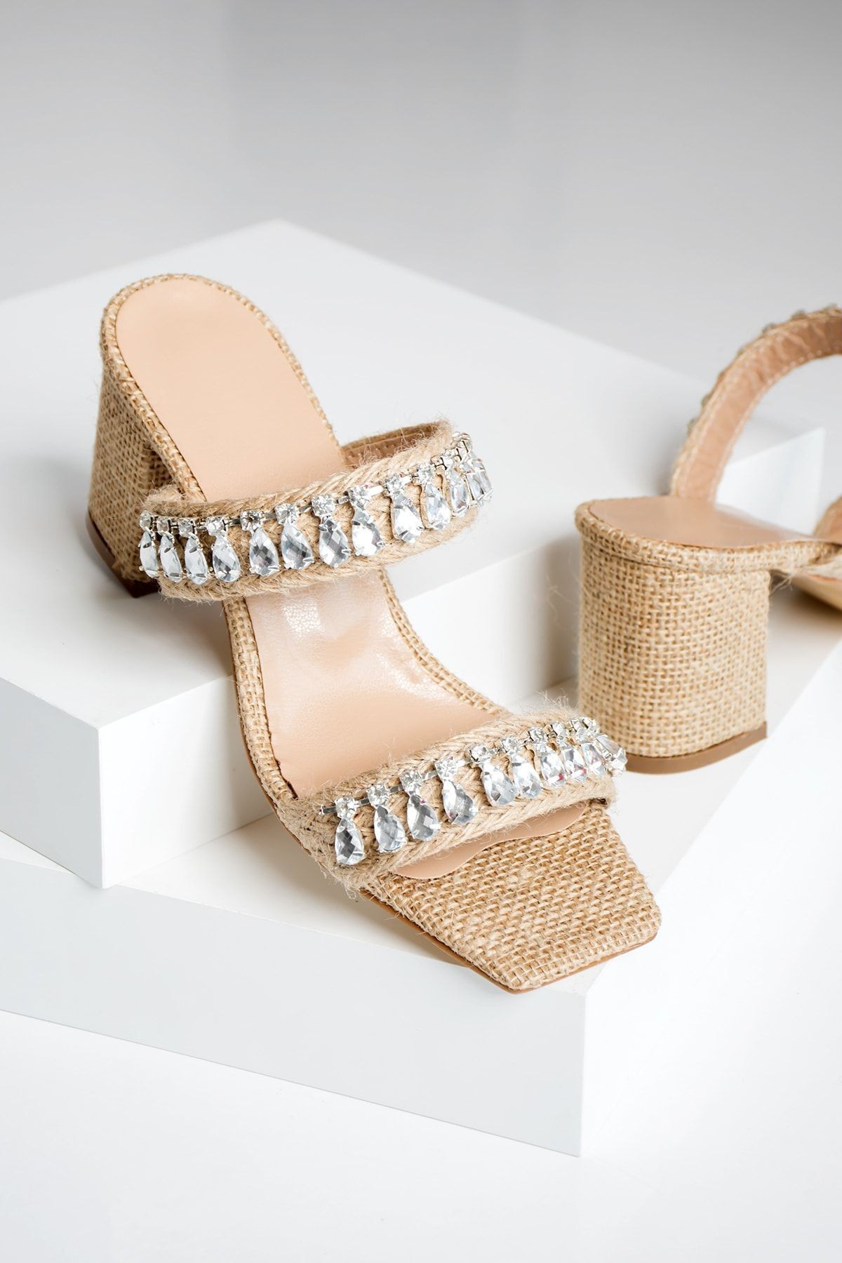 DUXAL SHOES Damla Taş Detay Hasır Şeffaf Topuklu Terlik görsel 3