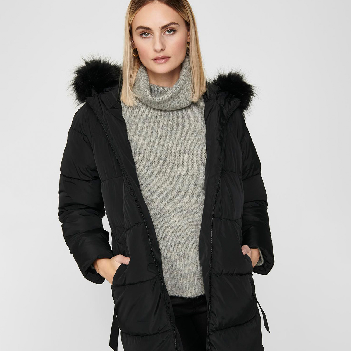 Only Monica Long Puffer Coat Kadın Siyah Kapüşonlu Mont görsel 2