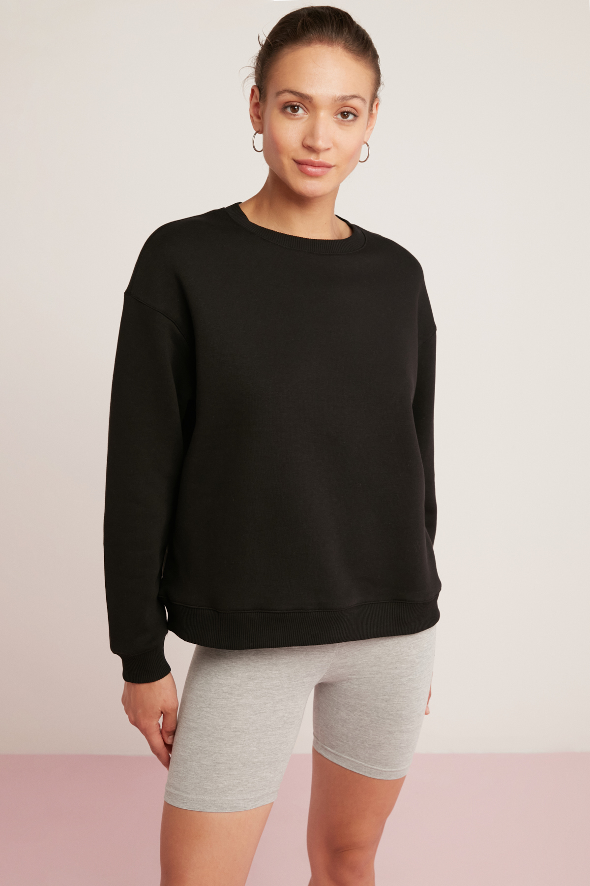 ETHIQUET SAHRA Kadın Pamuklu Içi Polarlı Yumuşacık Oversize Yuvarlak Yaka Basıc SİYAH Sweatshirt