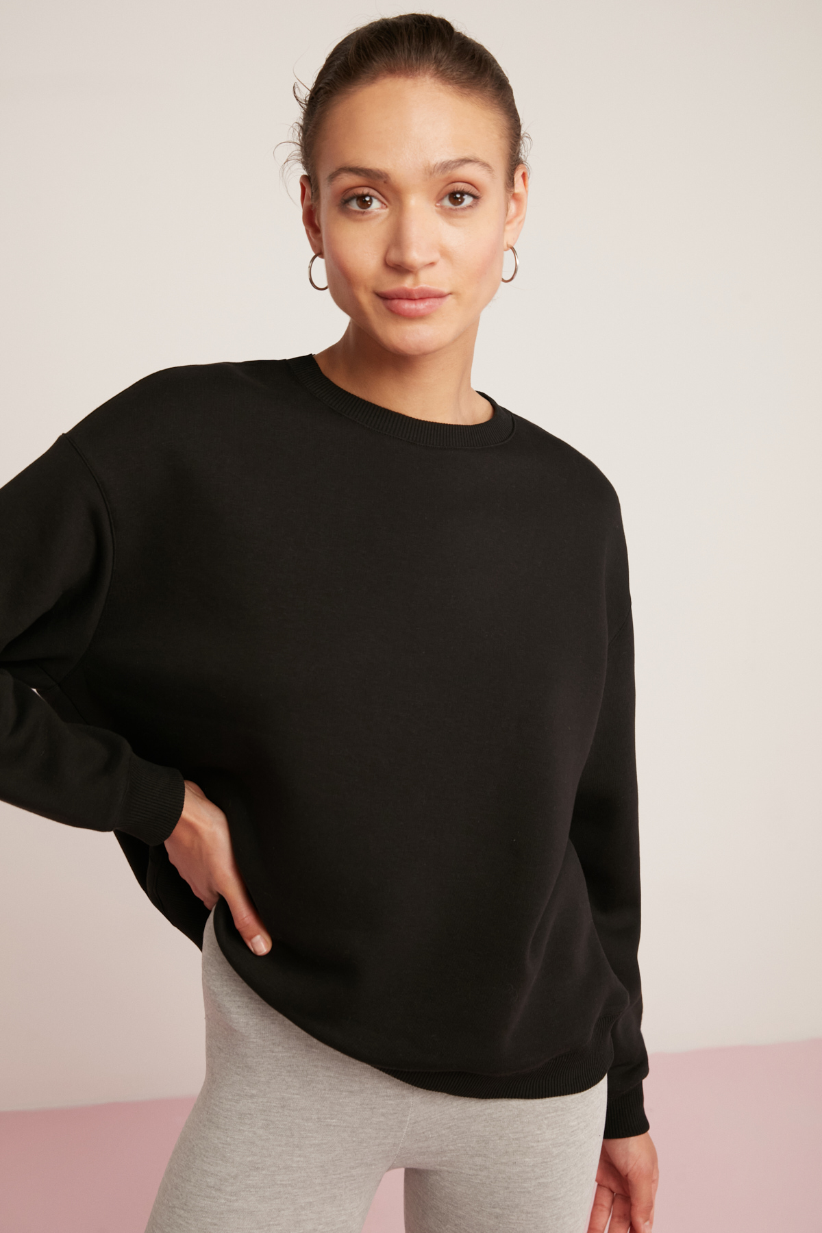 ETHIQUET SAHRA Kadın Pamuklu Içi Polarlı Yumuşacık Oversize Yuvarlak Yaka Basıc SİYAH Sweatshirt görsel 2