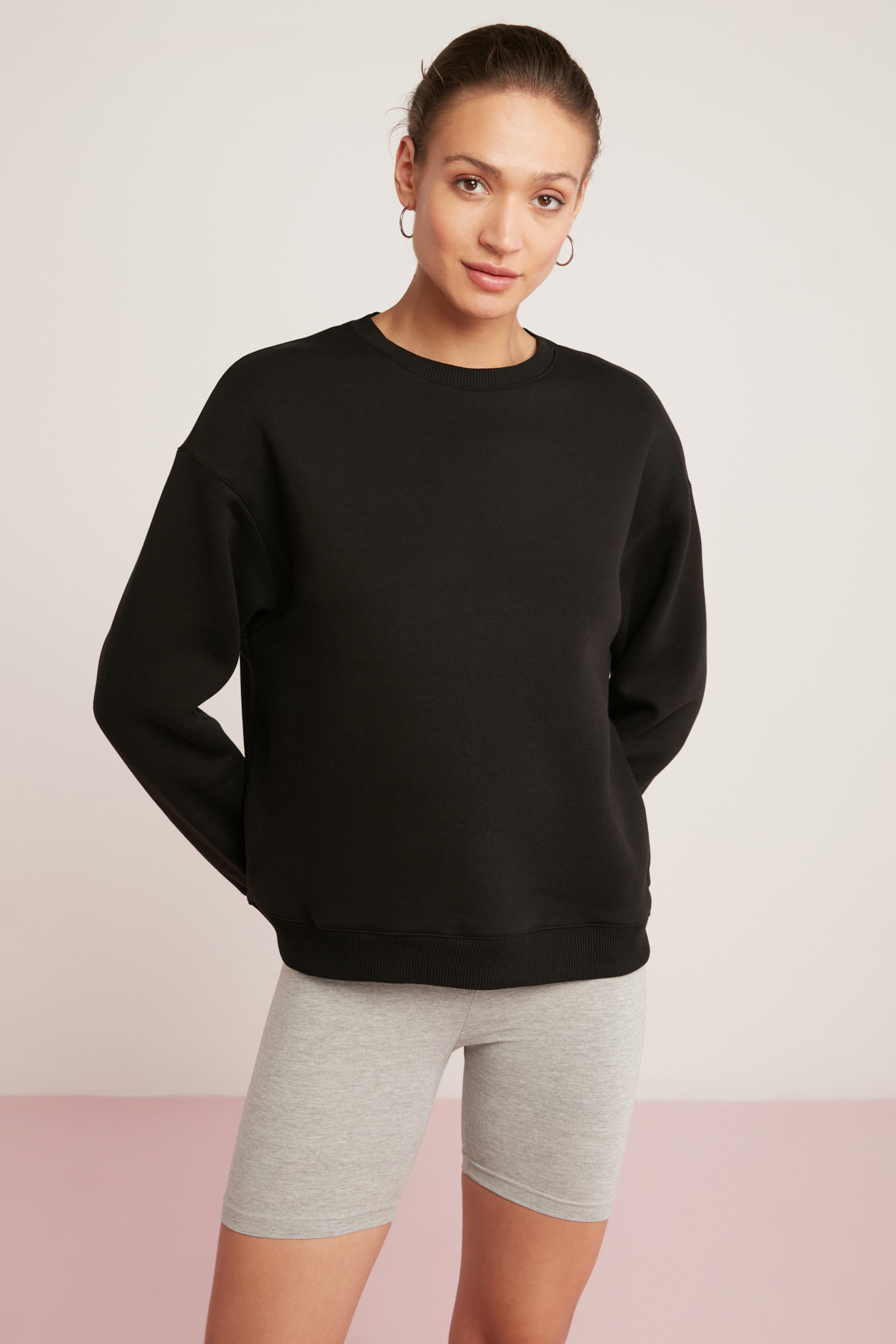 ETHIQUET SAHRA Kadın Pamuklu Içi Polarlı Yumuşacık Oversize Yuvarlak Yaka Basıc SİYAH Sweatshirt görsel 6