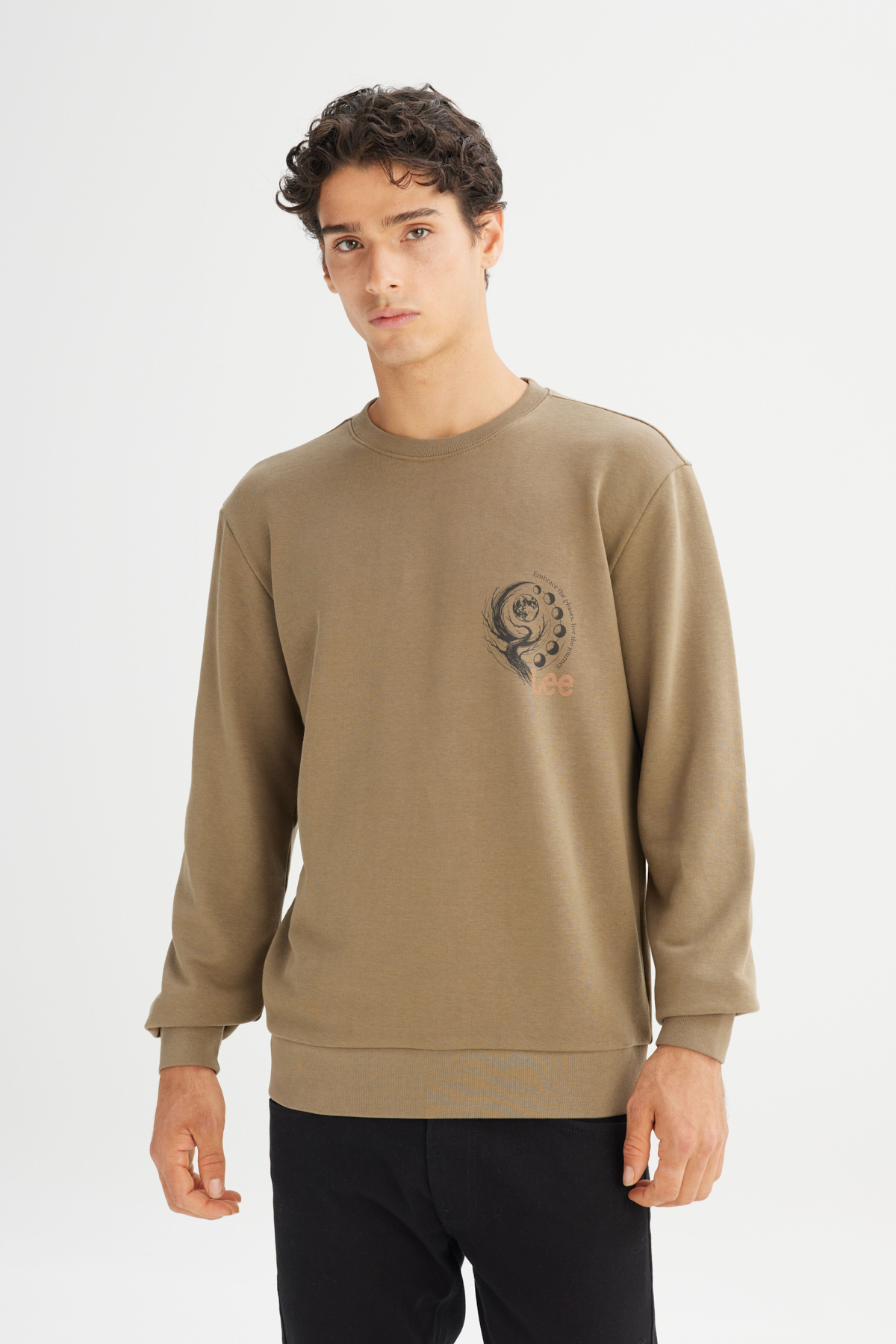 Lee Regular Fit Bisiklet Yaka Baskılı Haki Sweatshirt