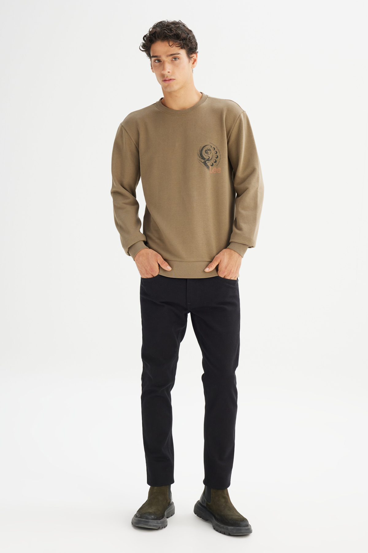 Lee Regular Fit Bisiklet Yaka Baskılı Haki Sweatshirt görsel 2