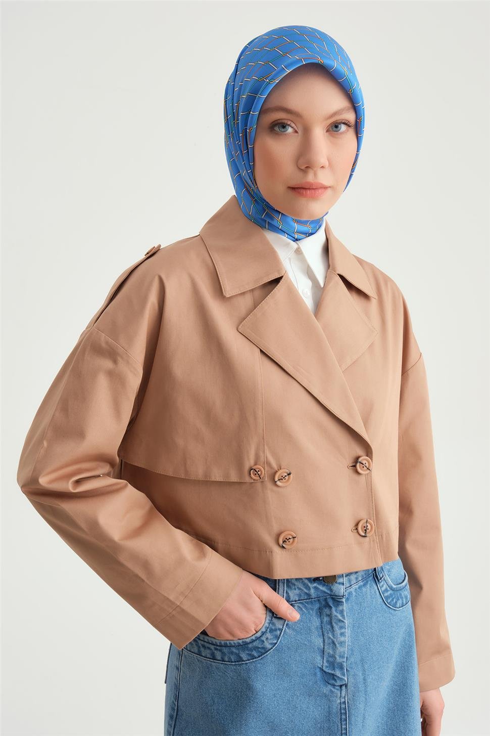 ARMİNE Kısa Trenchcoat Pamuk Ceket 24Y5401 Camel görsel 3